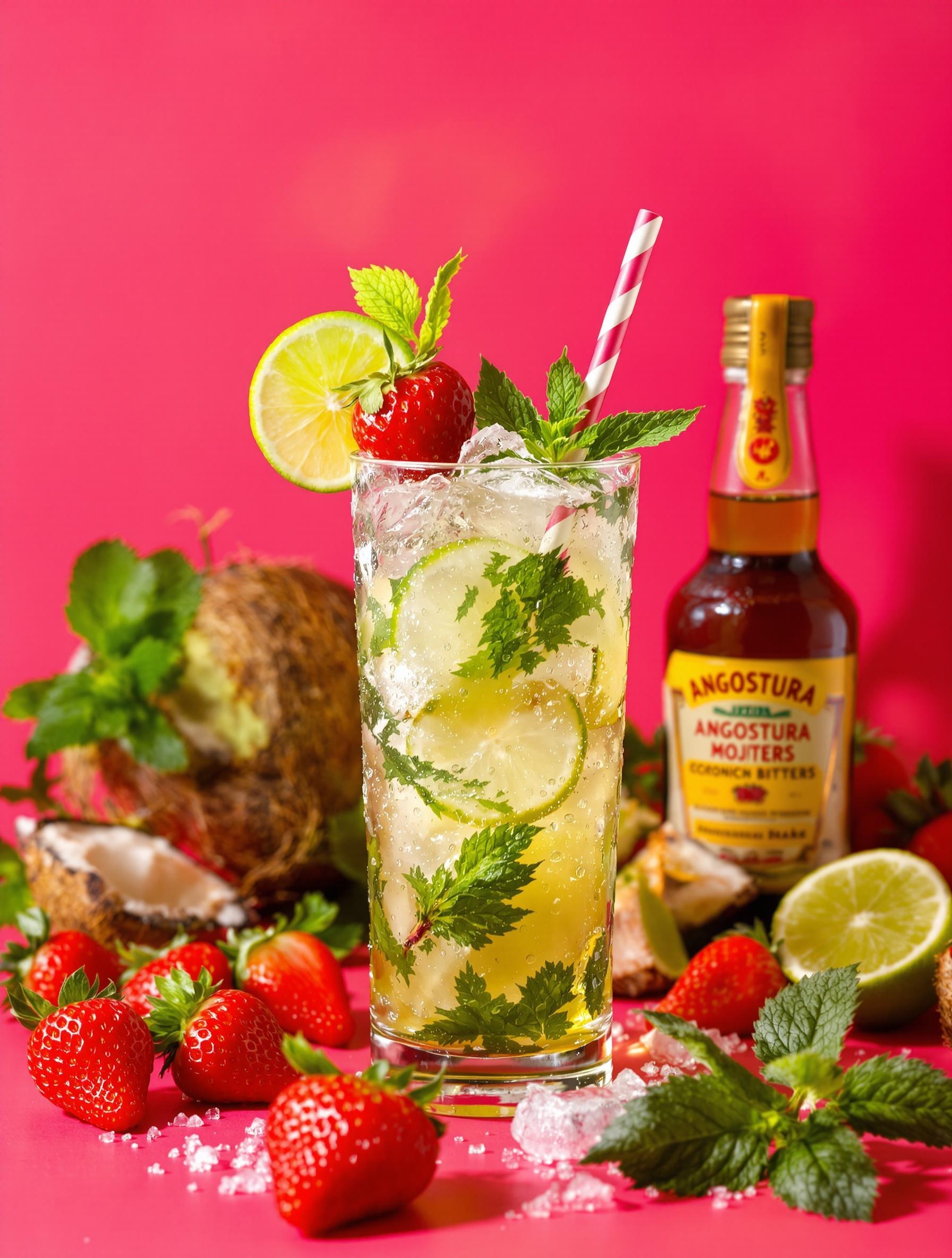 Mojito cubain traditionnel avec fraises, noix de coco, Angostura et Hemingway