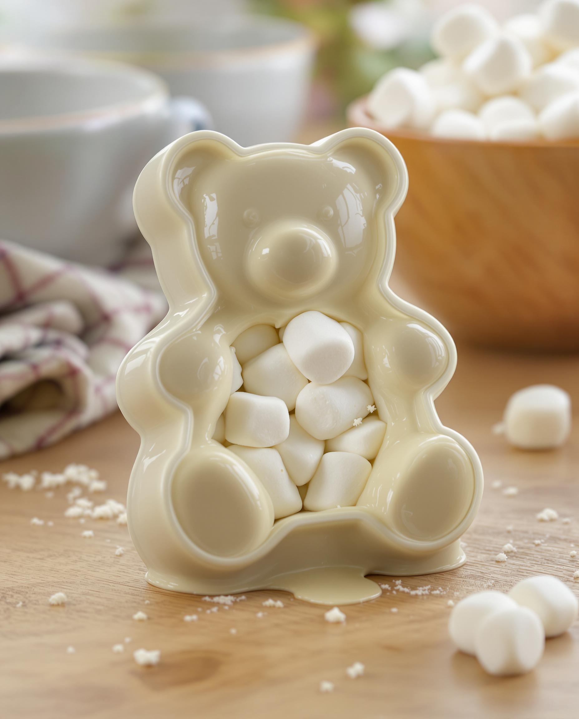 Moule ourson en silicone avec guimauve et enrobage chocolat blanc
