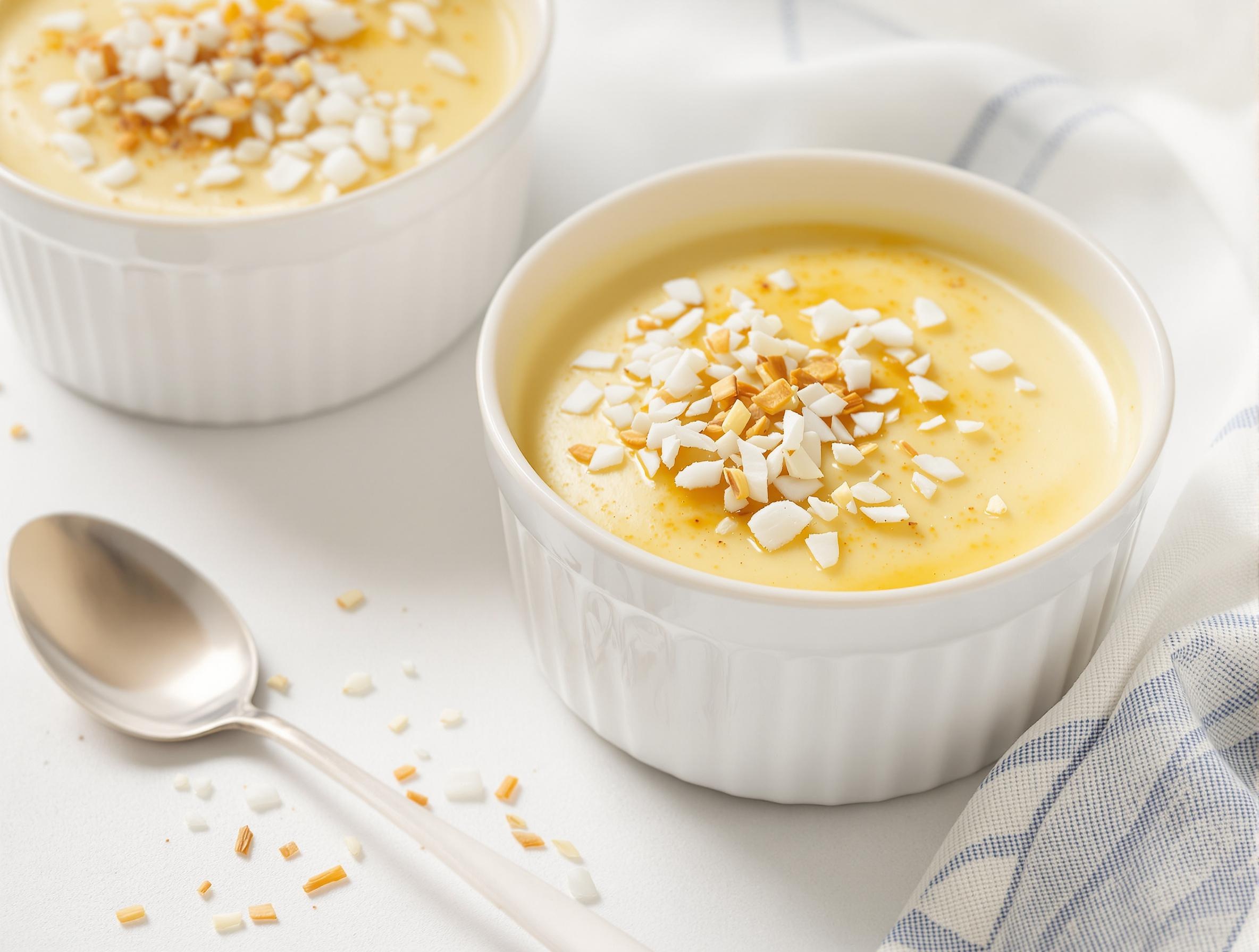 Œufs au lait antillais en ramequin, texture crémeuse, décor noix de muscade et éclats de coco