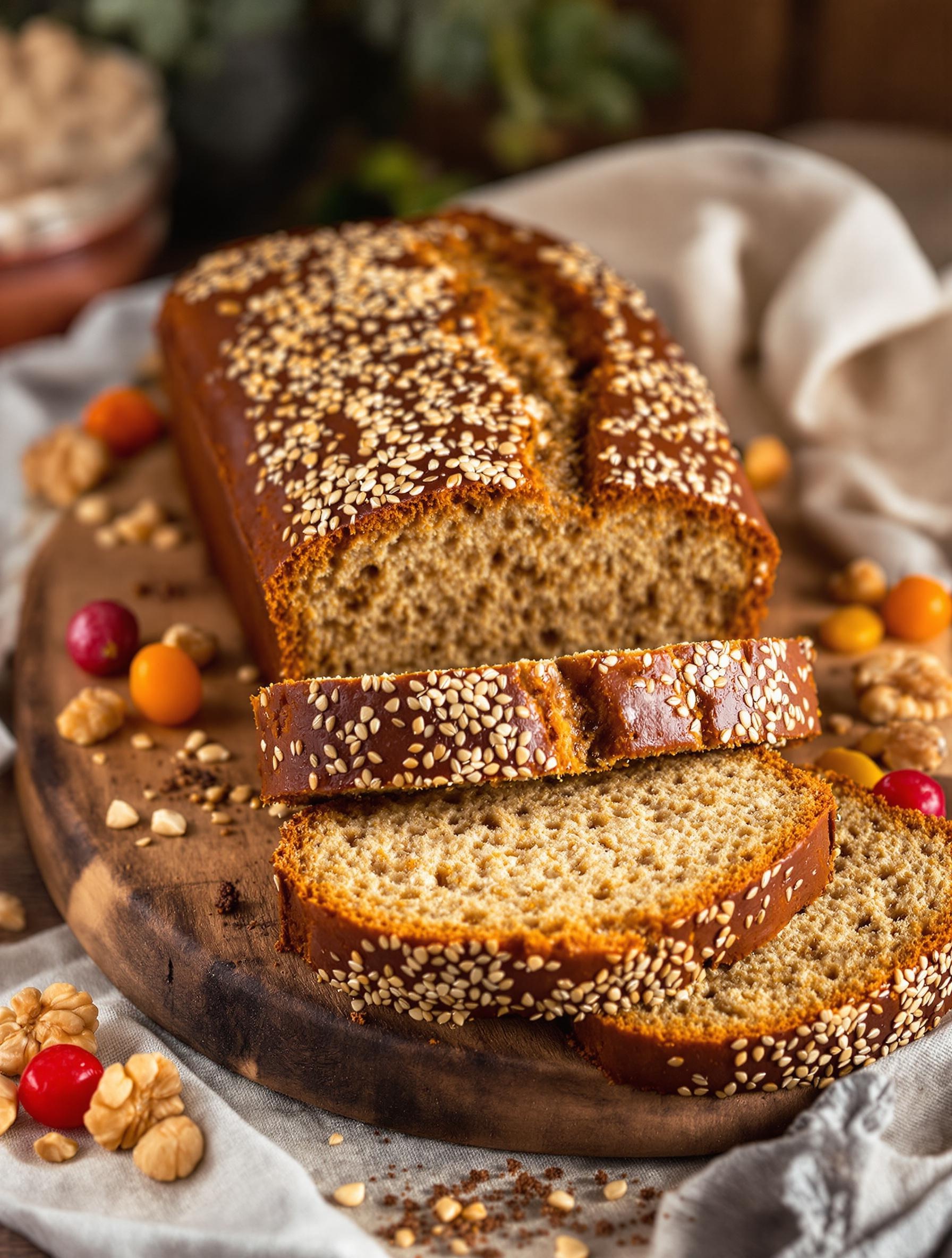 Pain d'épices Thermomix moelleux avec topping de graines de sésame, éclats de noix et fruits confits