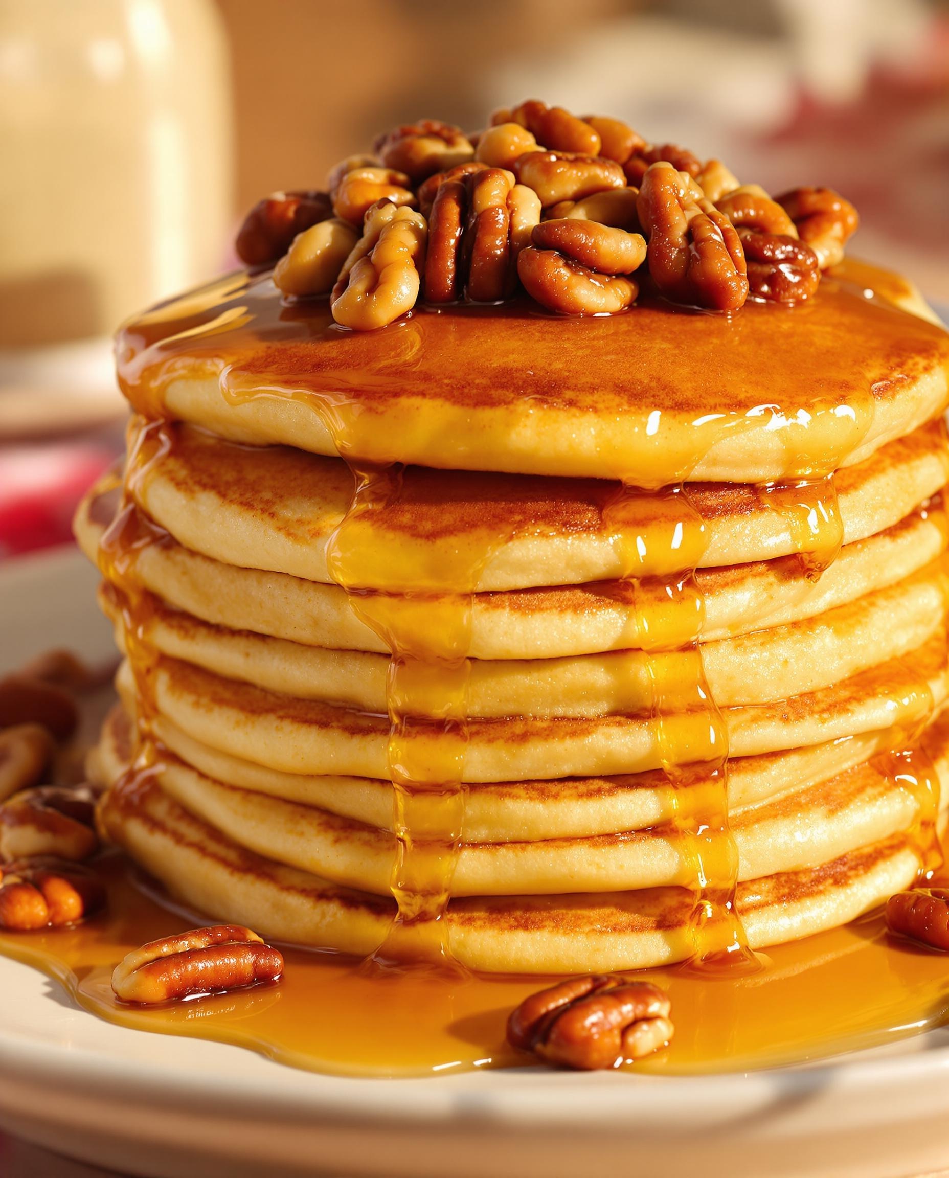 Pile de pancakes moelleux avec sirop d'érable canadien et noix de pécan.