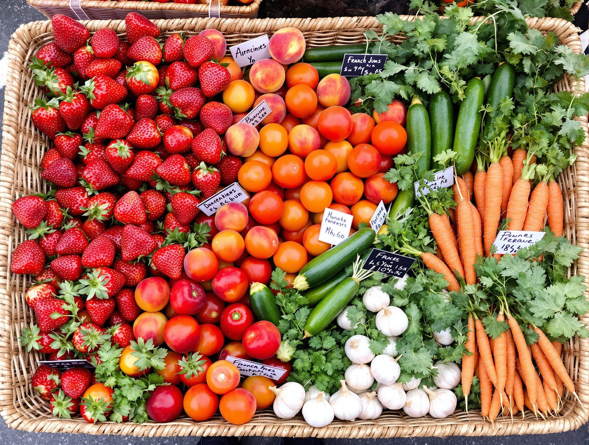 Panier de marché ultracoloré garni de produits de saison mai-juin avec prix bas affichés