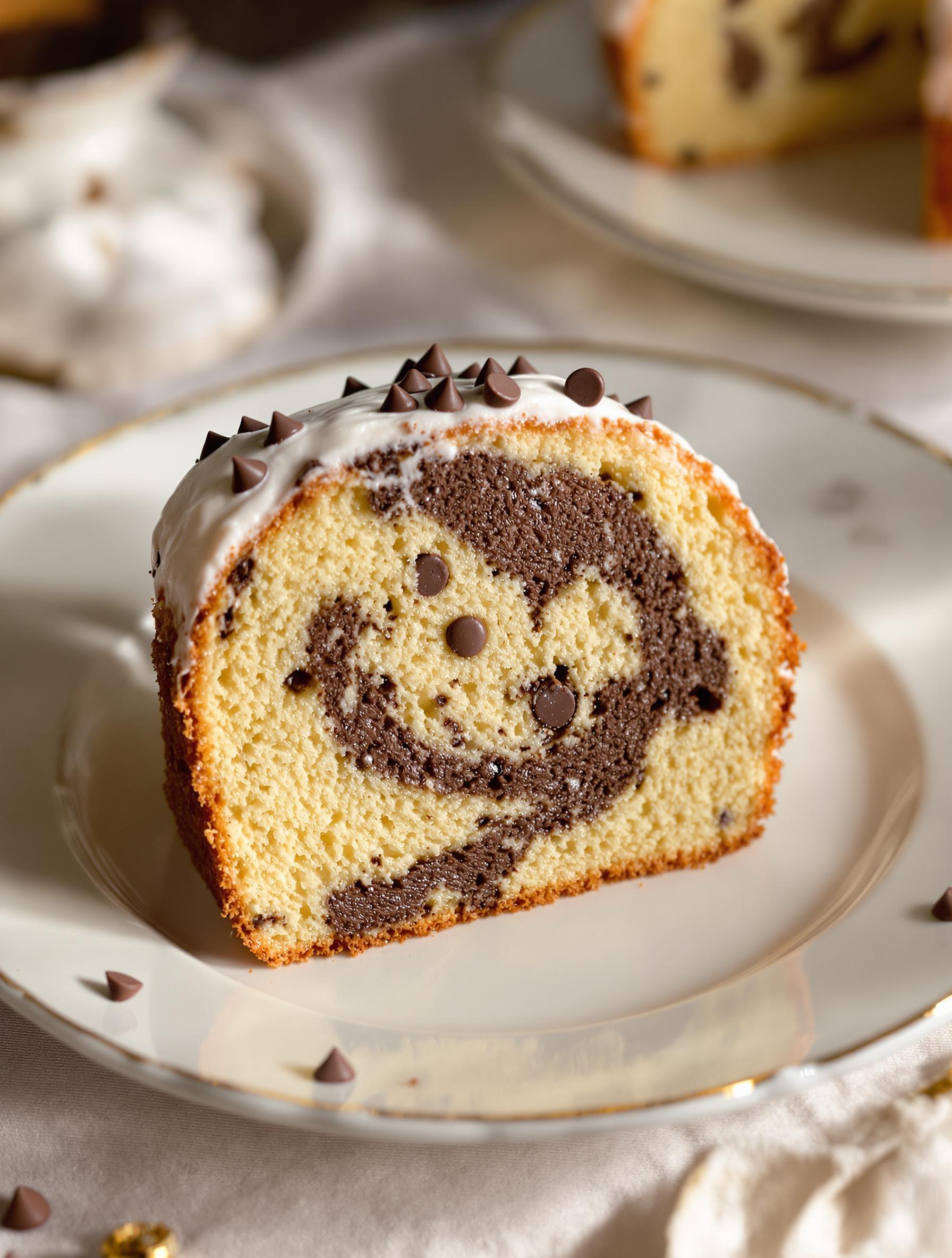 Gâteau au yaourt marbré cacao-vanille, pépites de chocolat, servi sur une assiette élégante.