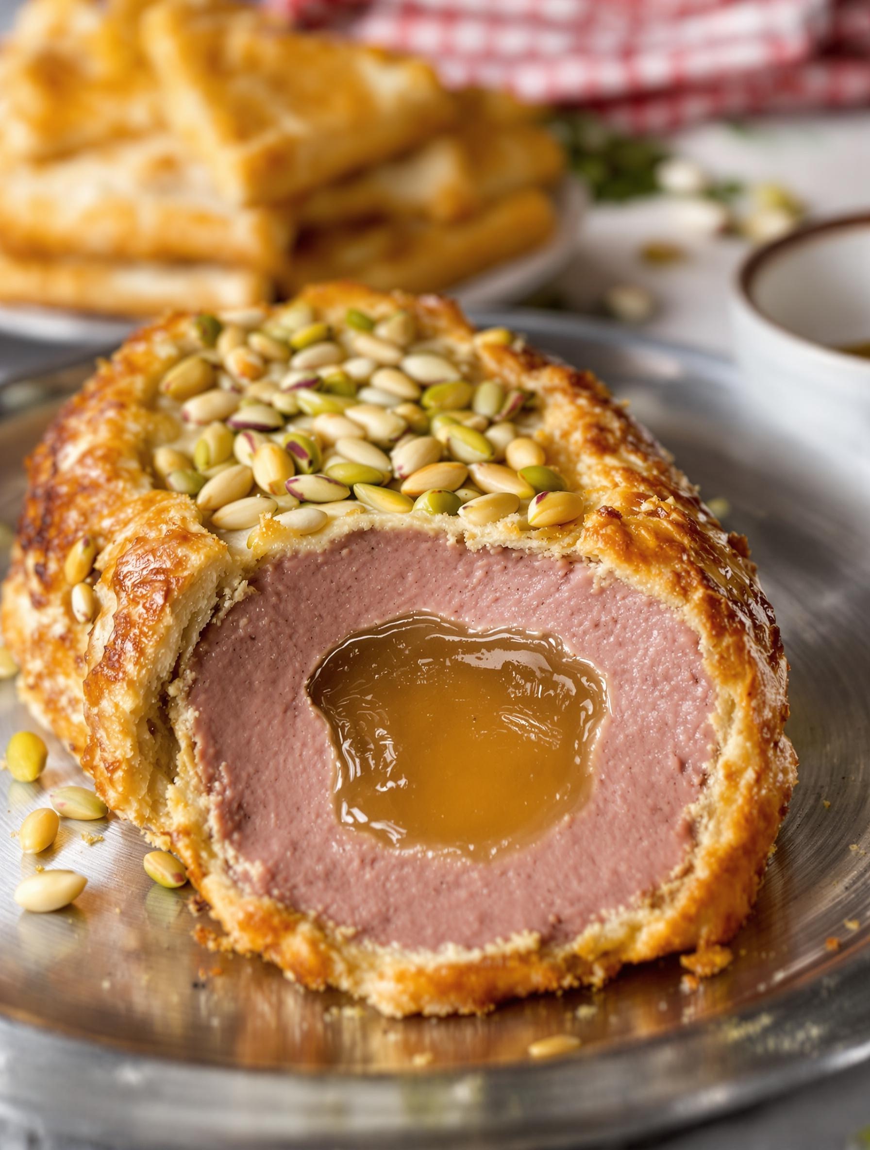 Pâté en croûte maison avec gelée brillante et décor de pistaches.