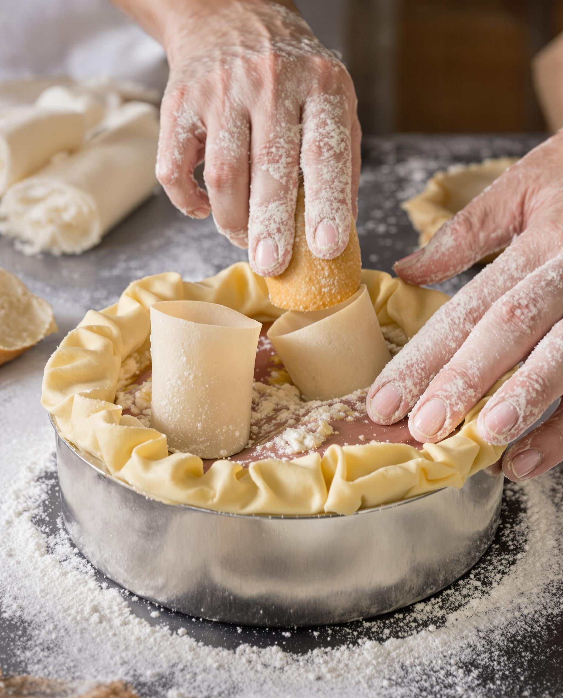 Montage précis du pâté en croûte avec une pâte régulière dans un moule inox.