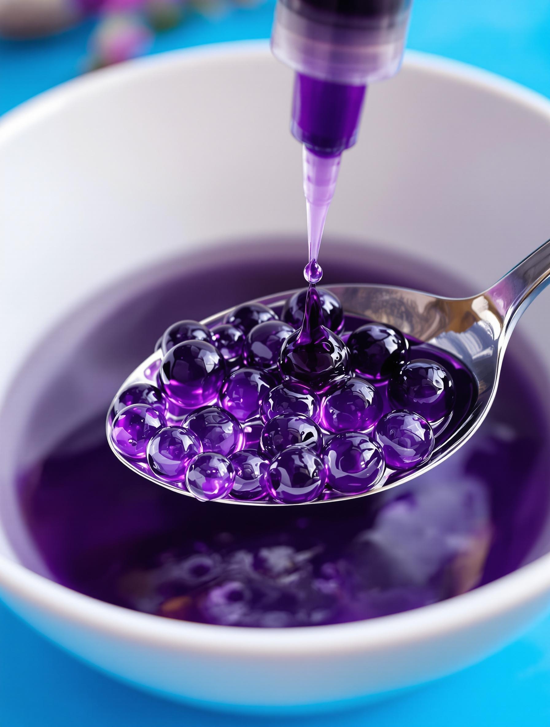 Perles cassis-Porto réalisées avec de l’agar-agar, méthode cuisine moléculaire.