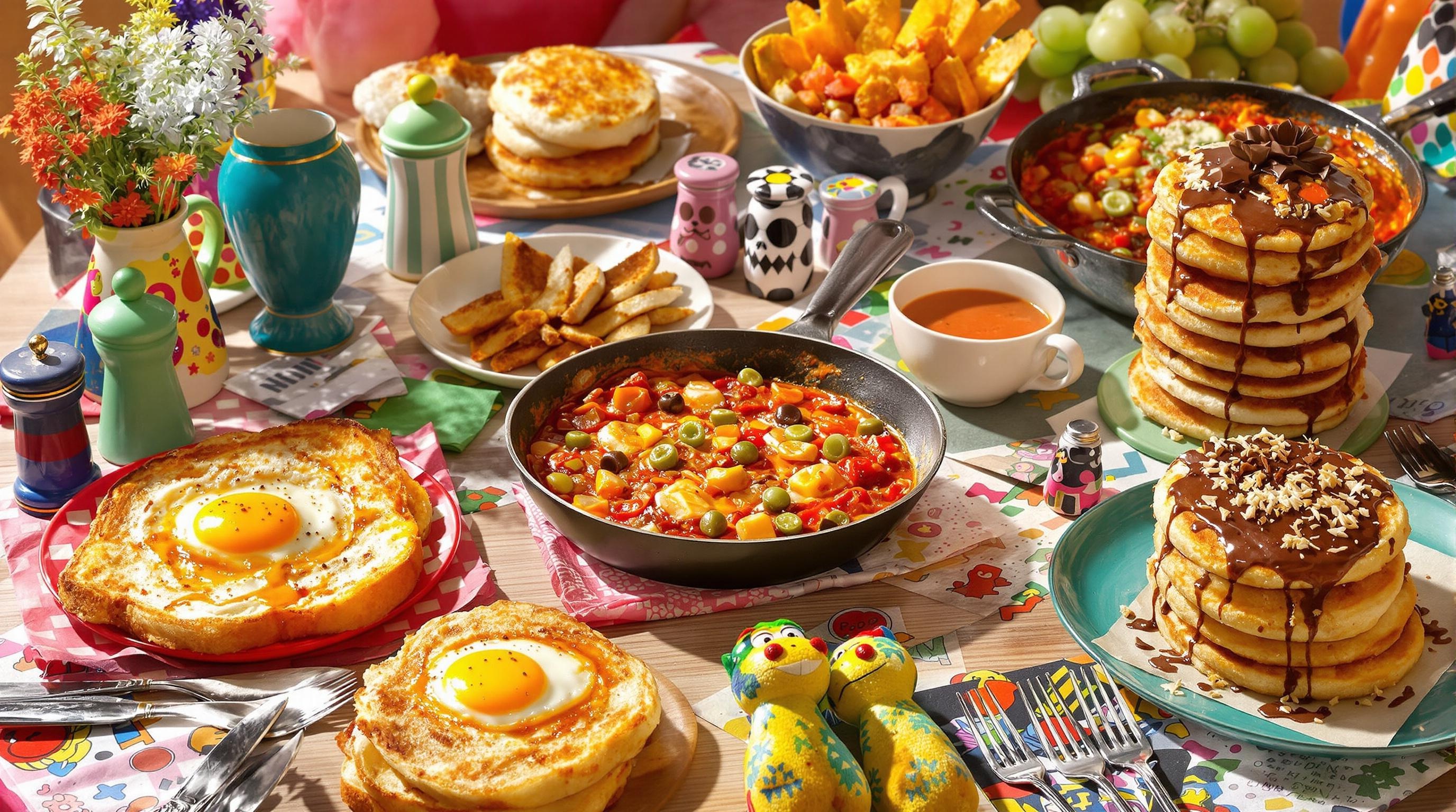 Petit-déjeuner international avec kaya toast, English muffins, shakshuka, açaï bowl et pancakes finlandais.