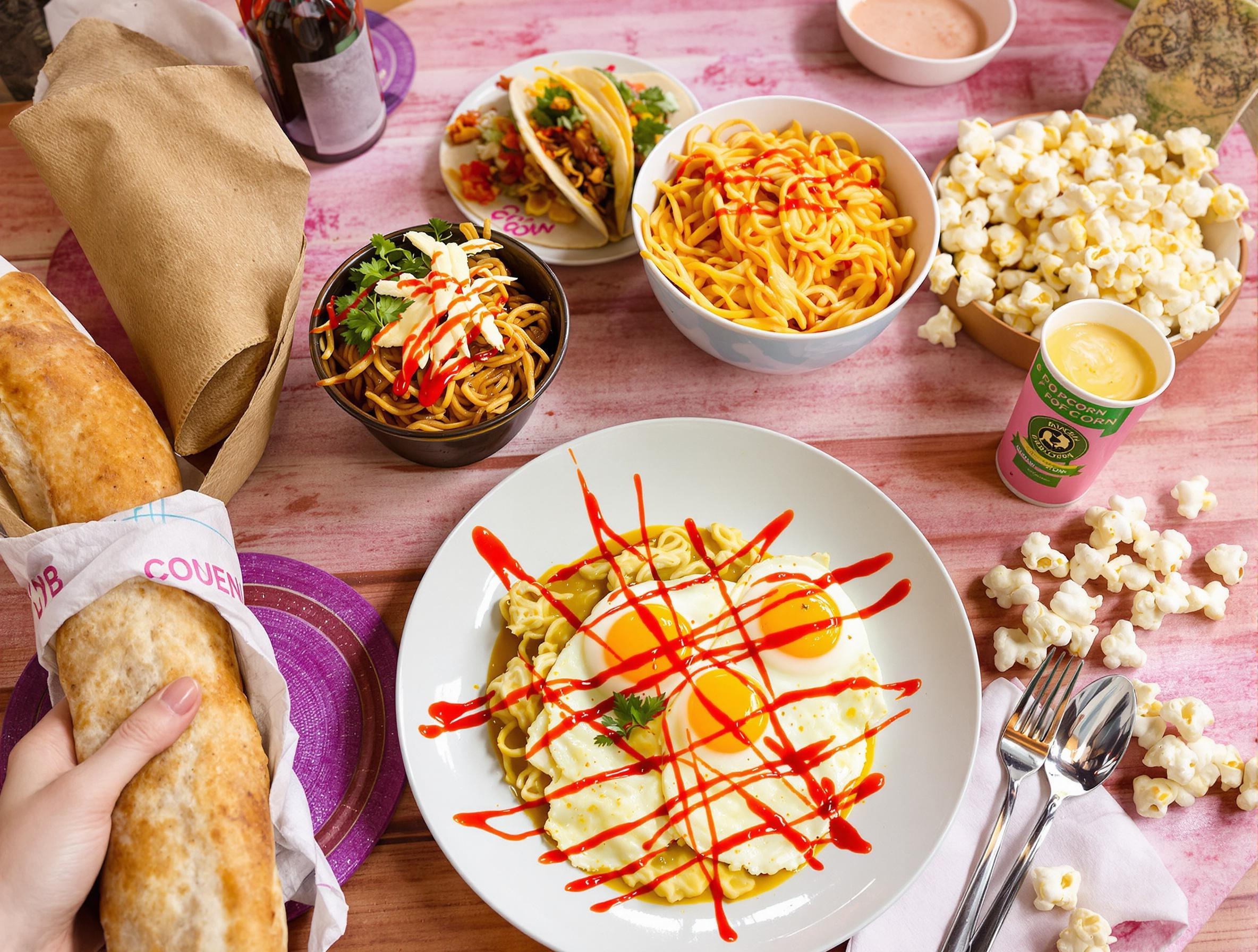 Œufs brouillés, ramen, tacos et popcorn avec de la sriracha, parfait pour un petit déjeuner lyonnais