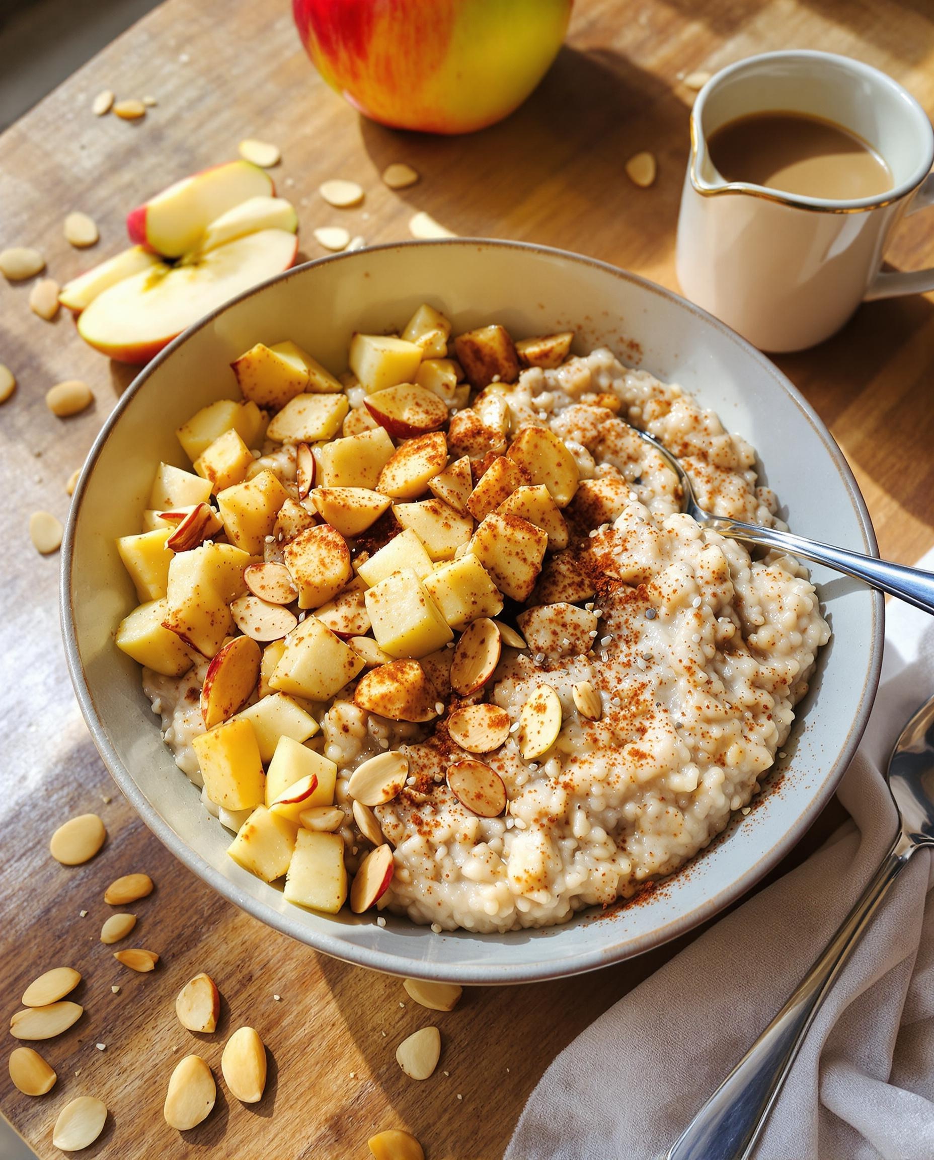 Bol de porridge overnight pomme-cannelle avec graines de chia et amandes.