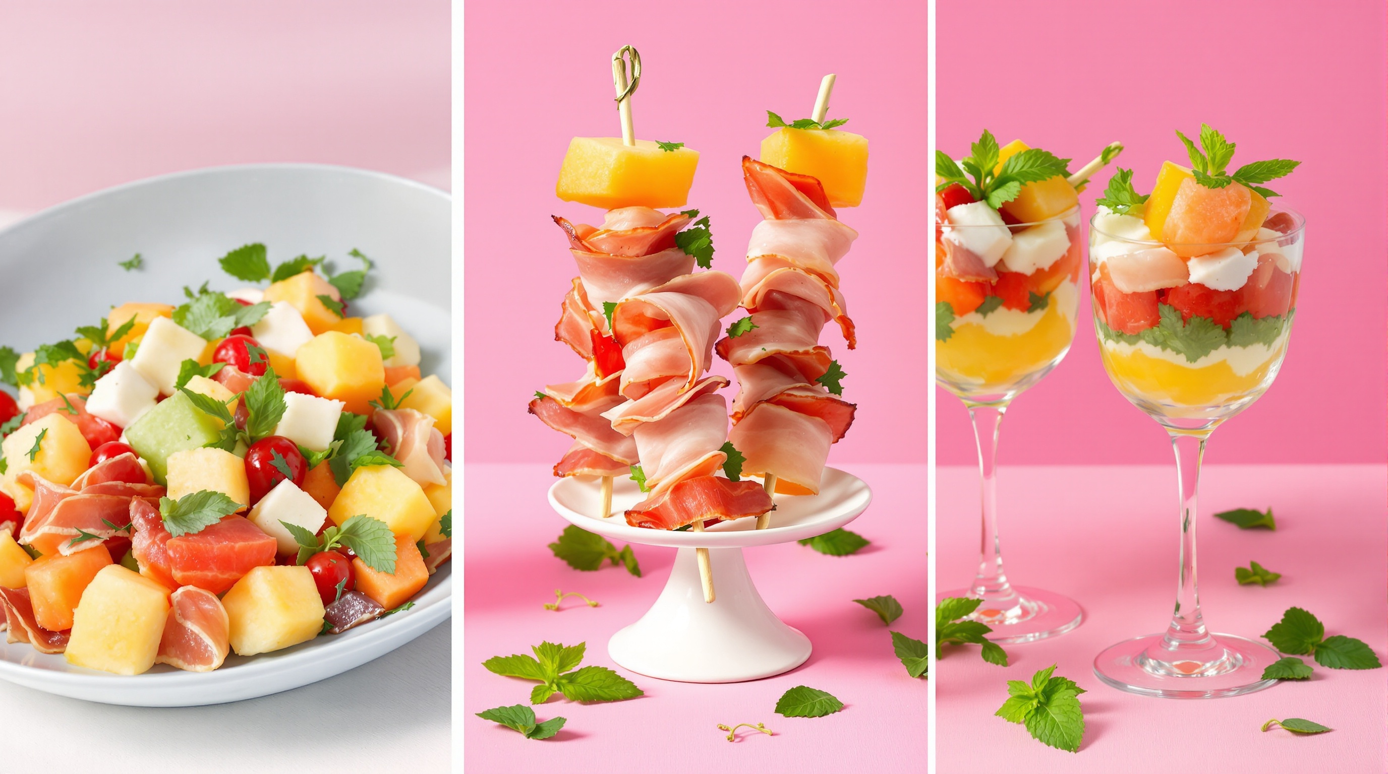 Trois versions modernes du melon jambon : salade composée colorée, brochettes apéro et verrines chics sur fond d'été