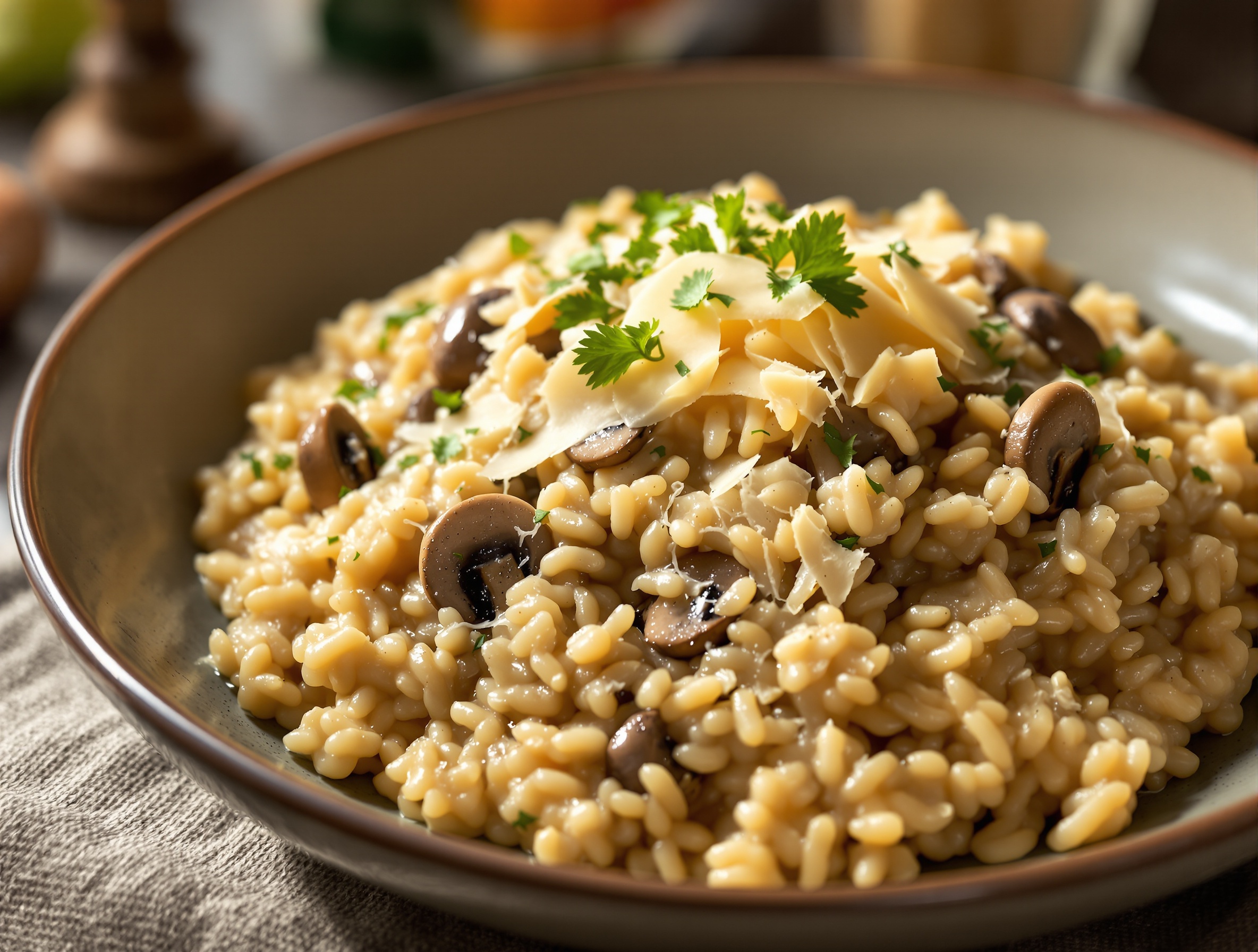 Risotto crémeux aux champignons et parmesan dans une assiette creuse, saupoudré de persil frais.