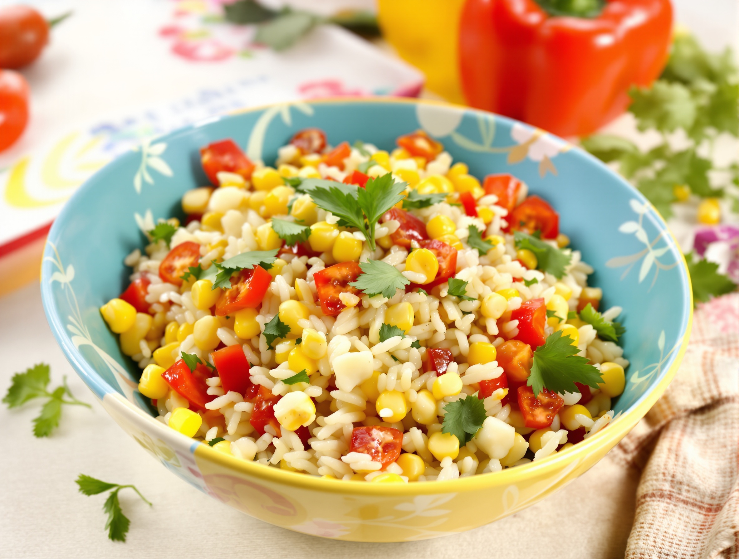 Salade de riz classique colorée dans un saladier vibrant