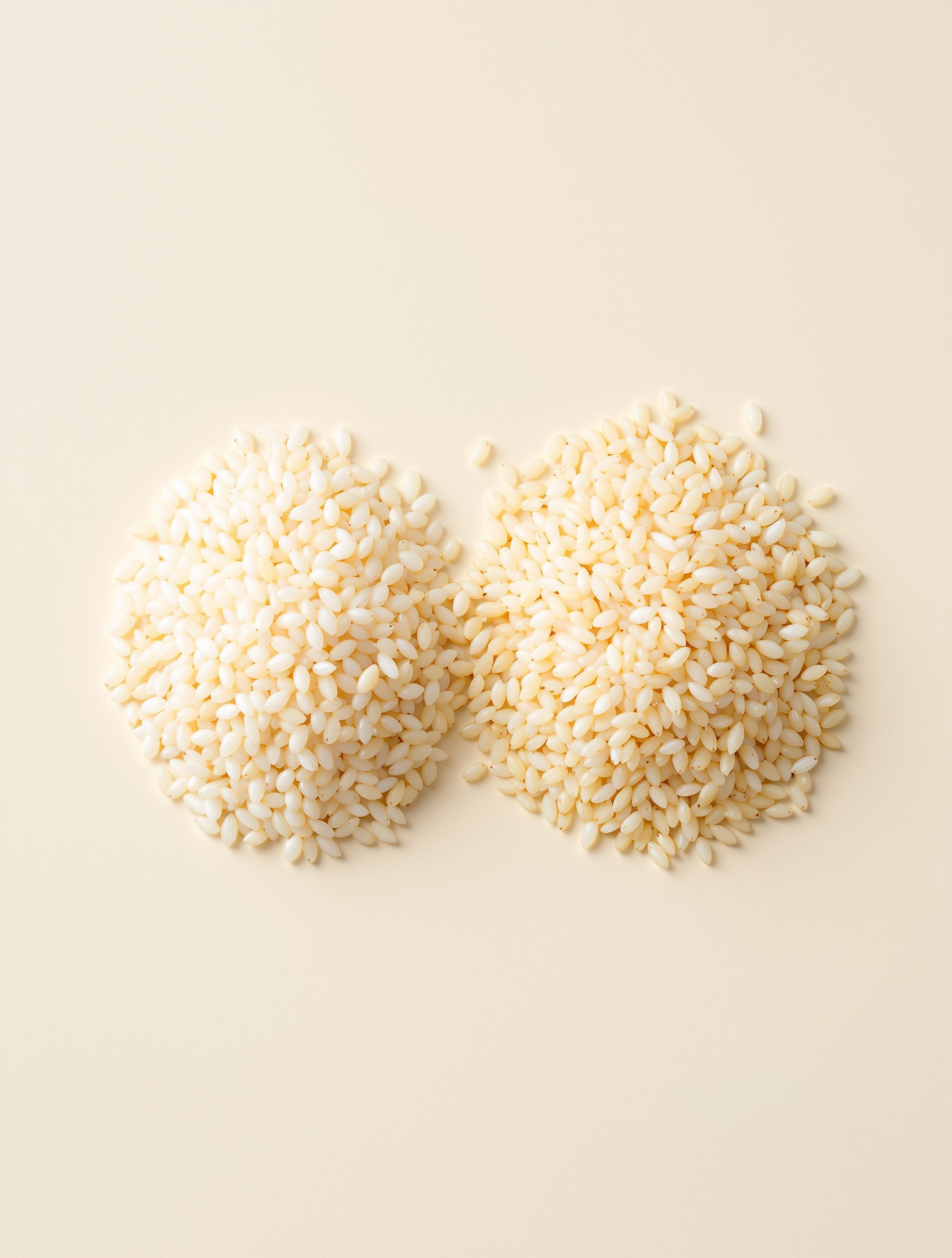 Comparaison entre grains de riz Arborio (ronds et perlés) et Carnaroli (plus longs et élégants), posés côte à côte sur fond neutre.