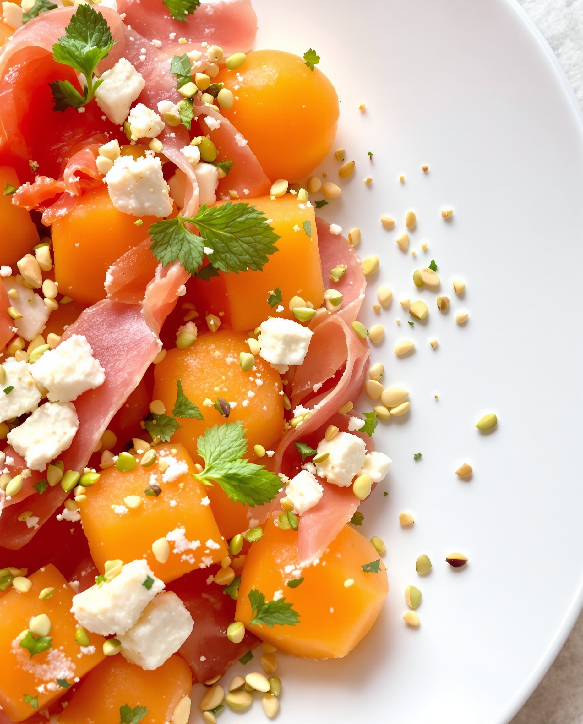 Dressage chaos organisé melon jambon feta pistaches menthe.