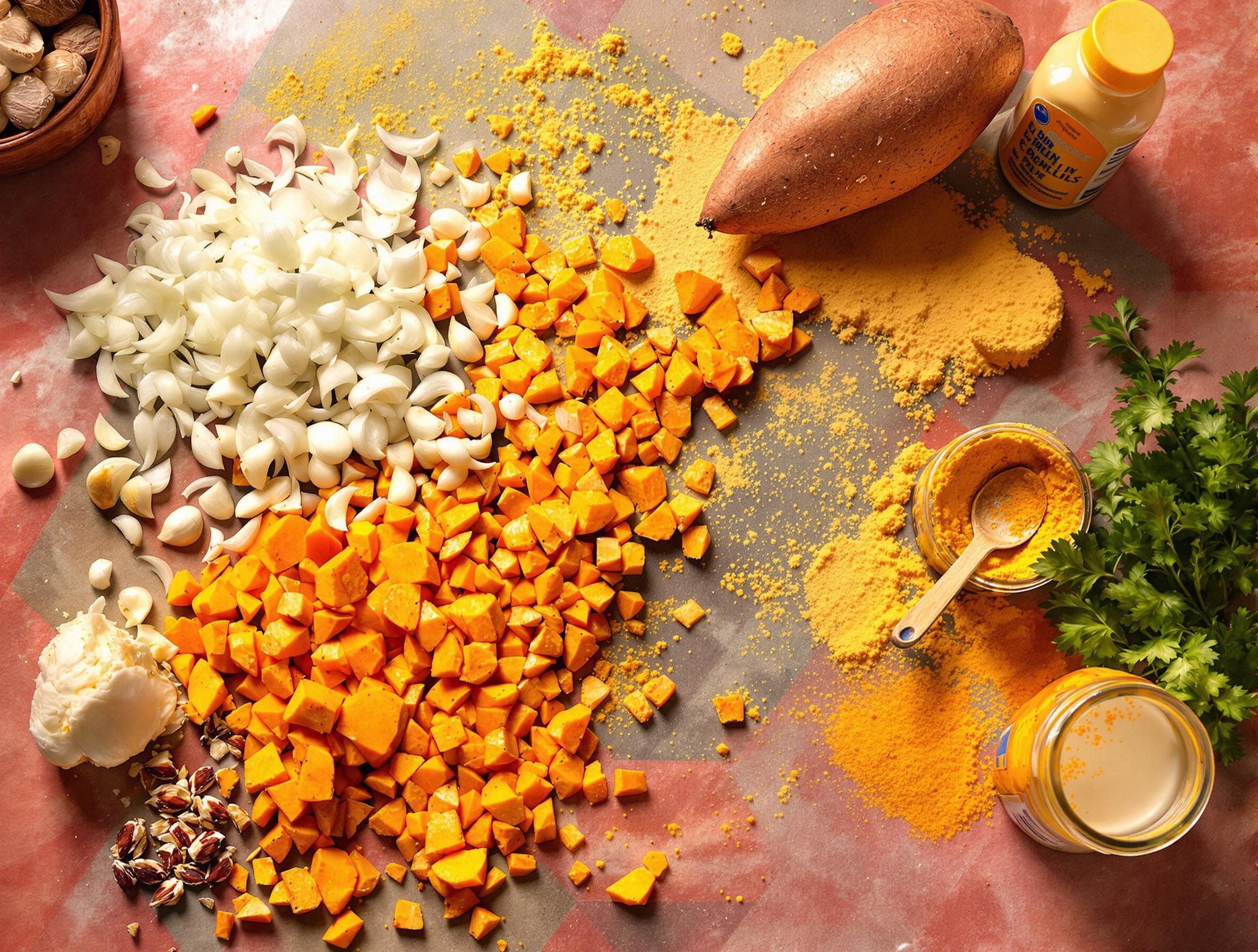 Plan de travail préparant velouté patate douce, lait de coco, curry, style burlesque lyonnais