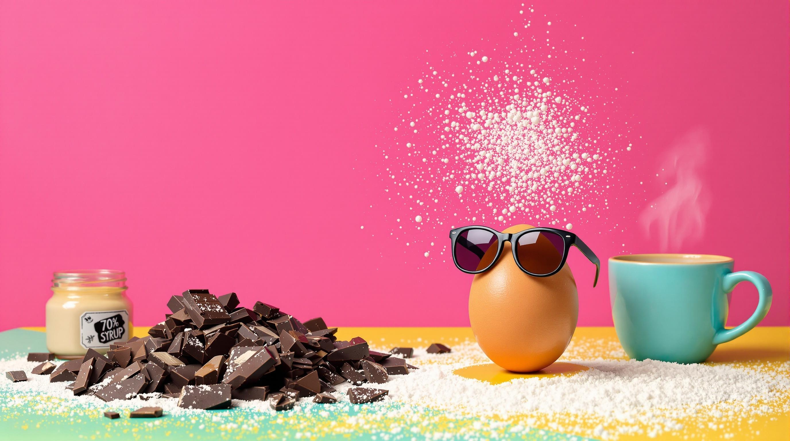 Plan de travail avec chocolat noir haché, beurre pommade brillant, œuf diva et accessoires flashy