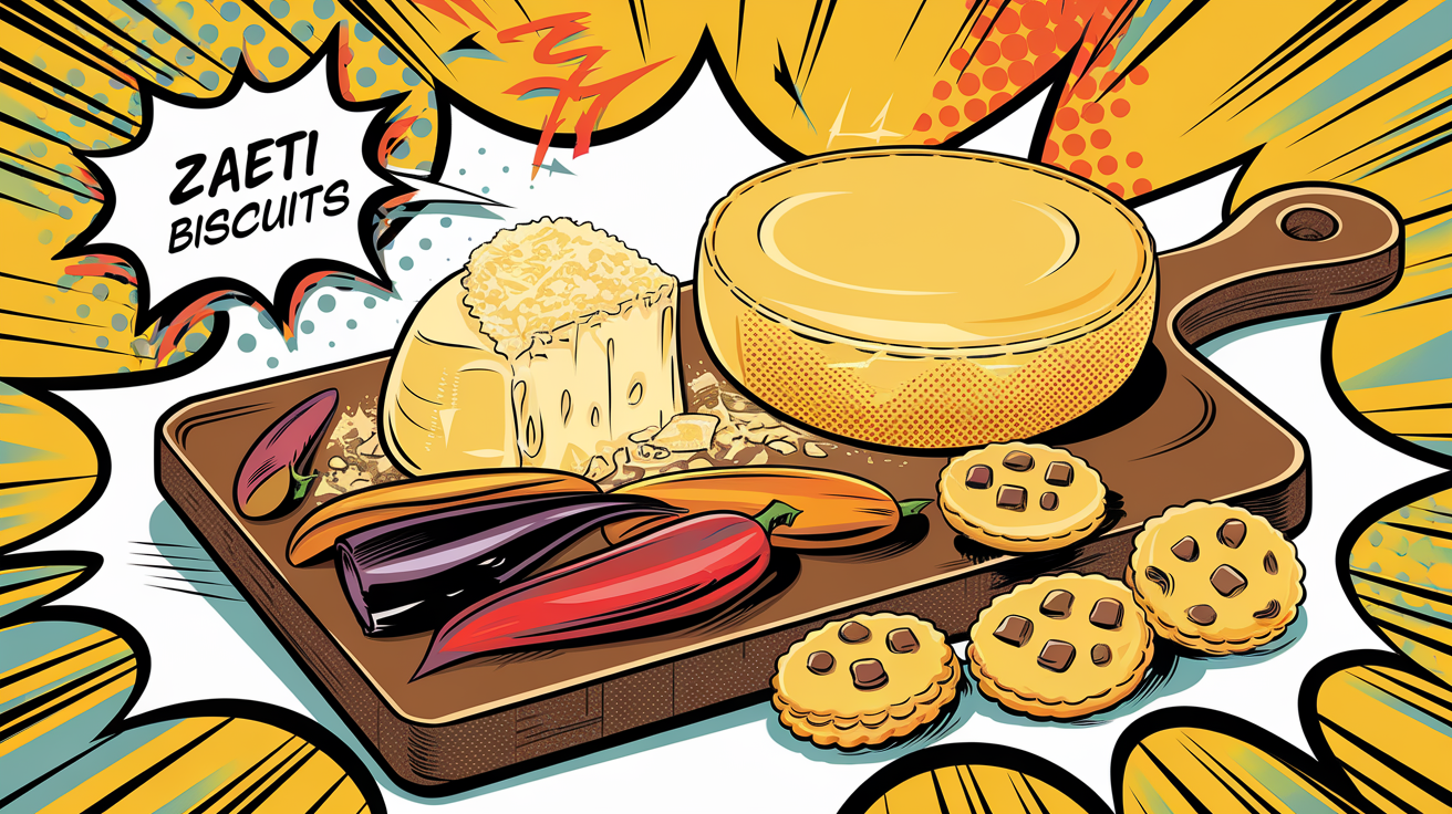Planche comics pop culture avec parmesan, reblochon, légumes rôtis, zaeti et chocolat