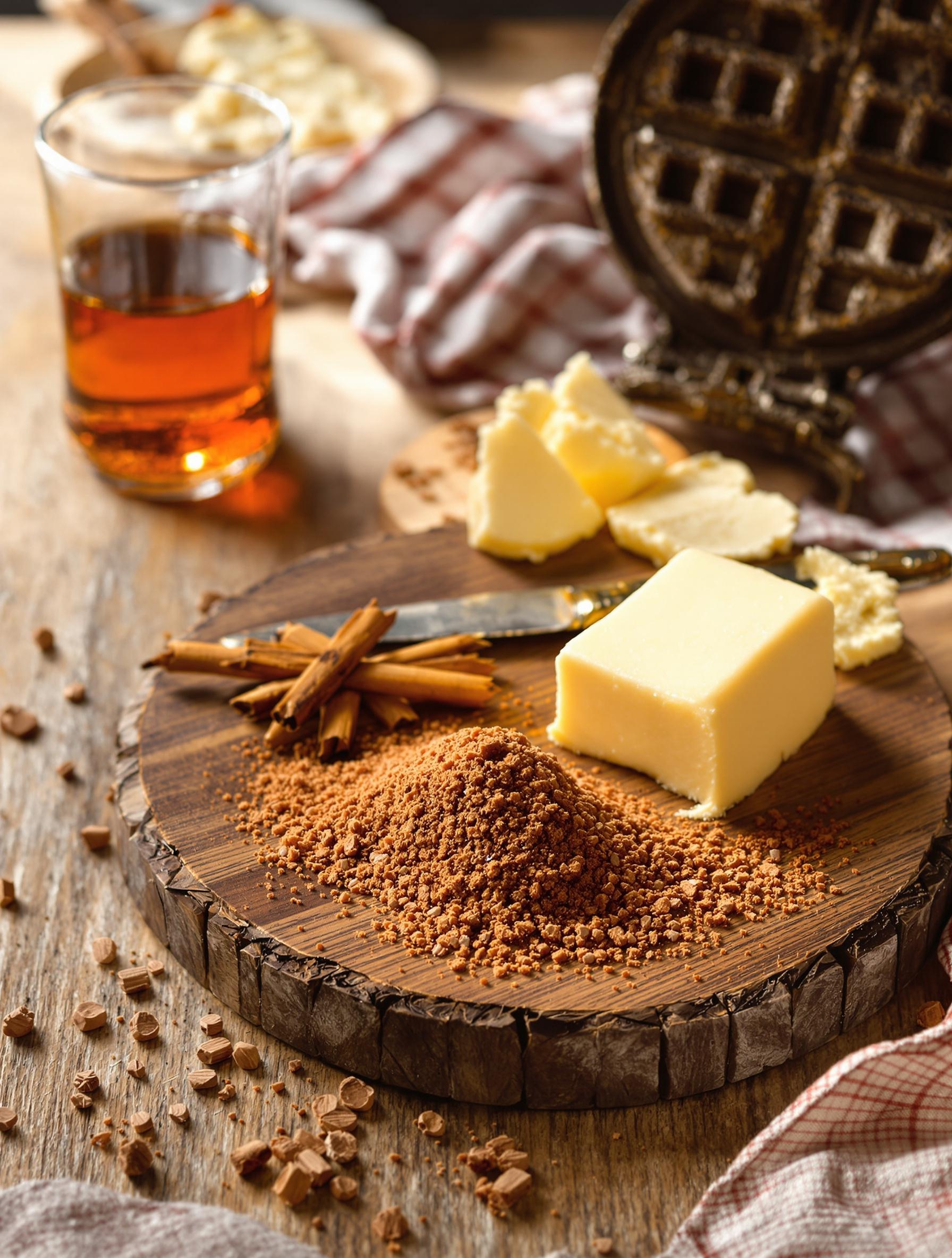 Planche en bois avec vergeoise brune, beurre pommade, rhum brun et gaufrier ancien