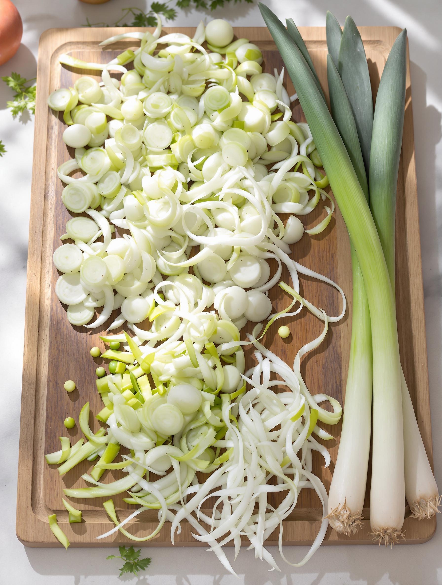 Planche de cébettes coupées de différentes façons : rondelles, biais, julienne et tiges entières
