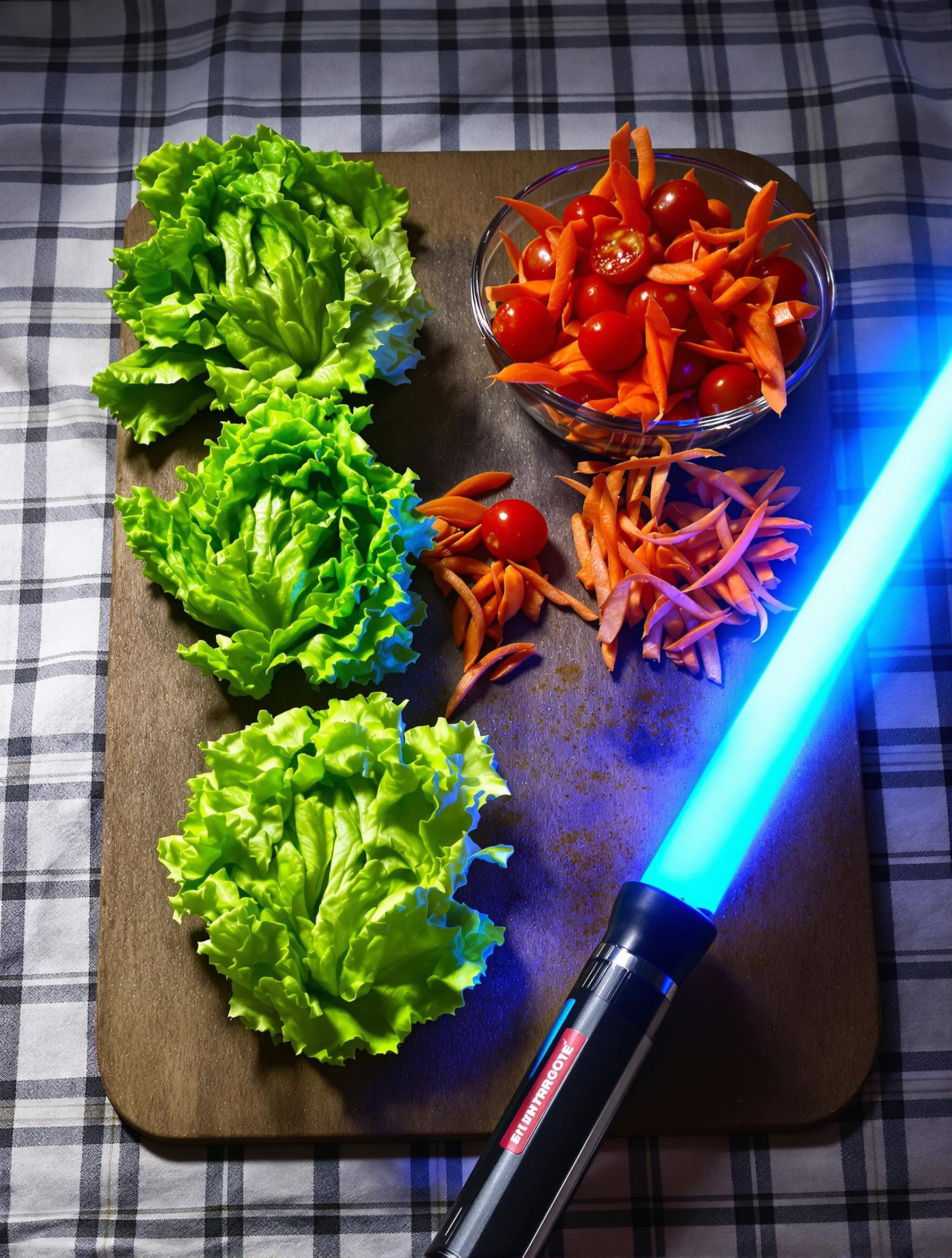 Ingrédients pour salade de sucrines croquantes sur une planche à découper.
