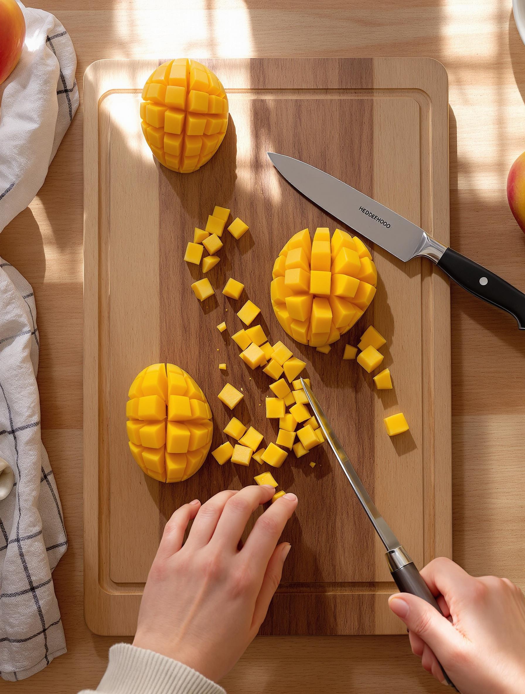 Mangue découpée en hérisson sur une planche en bois, avec des cubes distincts et une lumière naturelle.