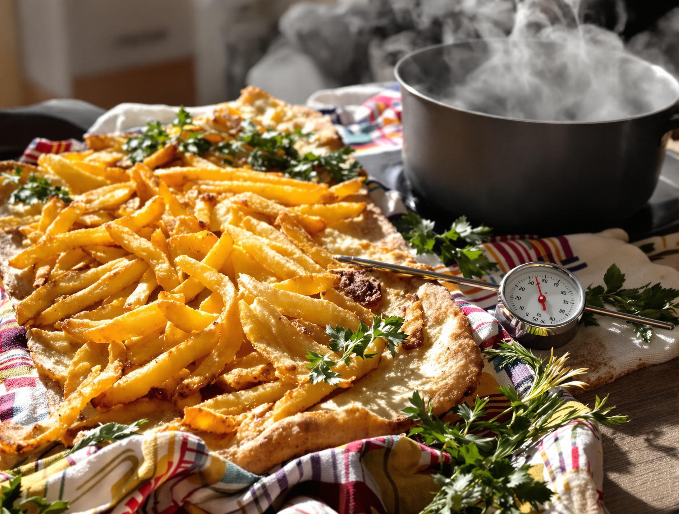 Panisse maison dorée, accompagnée d'un thermomètre, d'une poêle, d'un torchon et d'herbes fraîches.