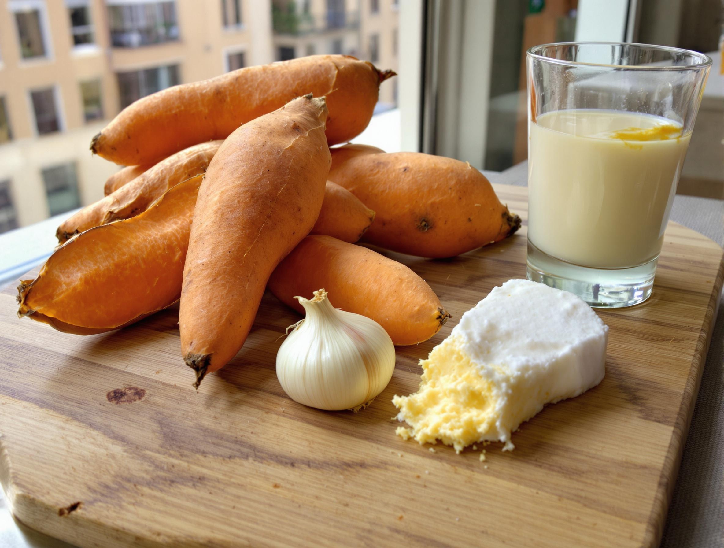 Planche rustique avec des patates douces orangées, une échalote, un verre de lait de coco et une noix de beurre sur fond lyonnais.