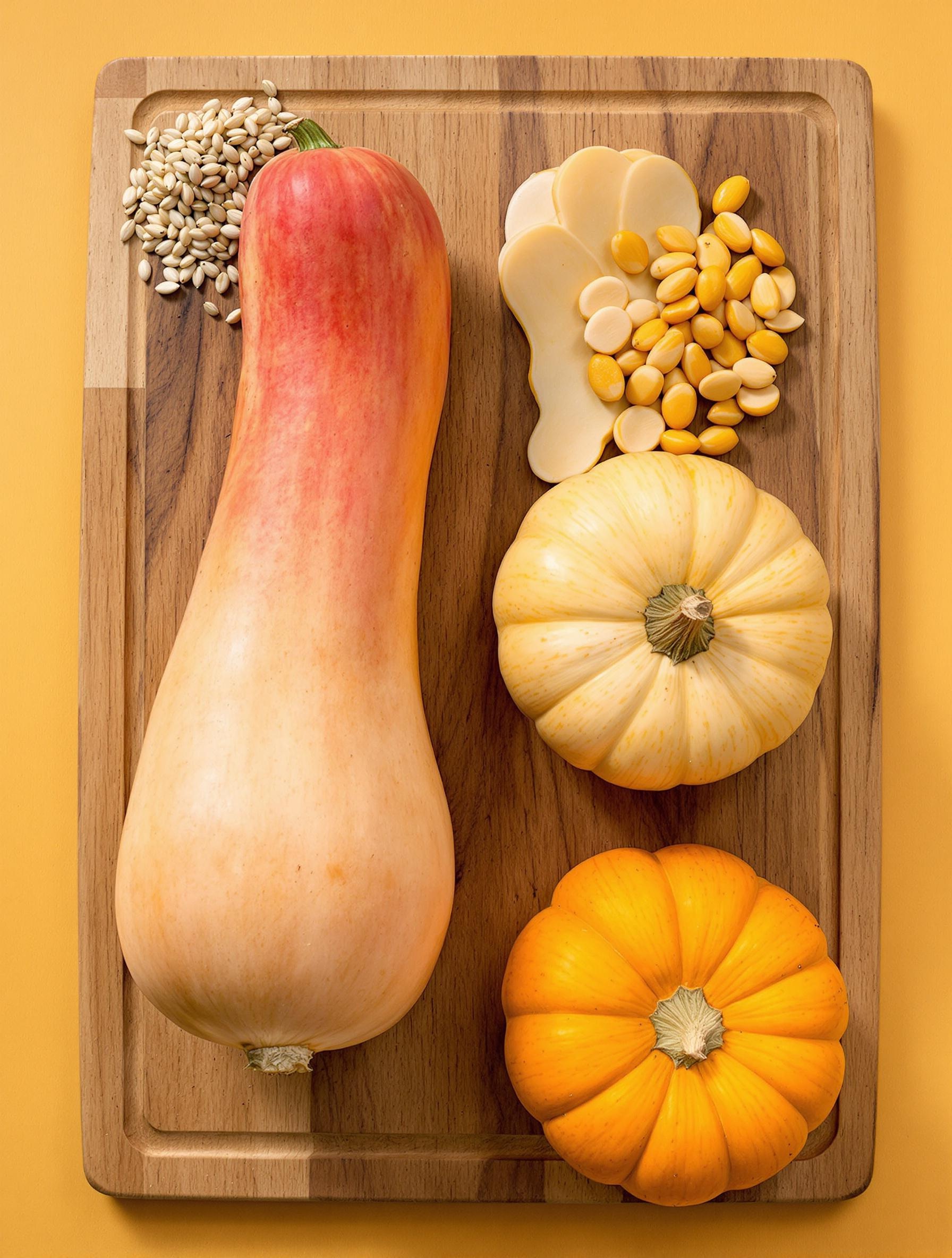 Planche colorée avec potimarron, butternut et potiron et leurs graines