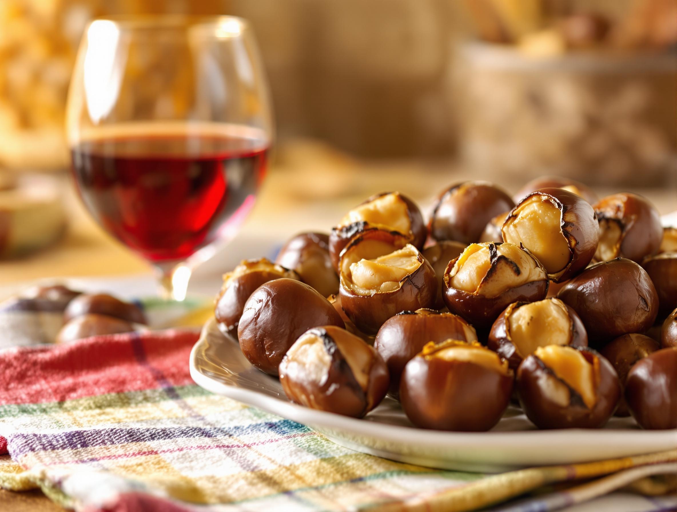 Châtaignes chaudes sur un torchon coloré dans une cuisine lyonnaise avec un verre de vin.