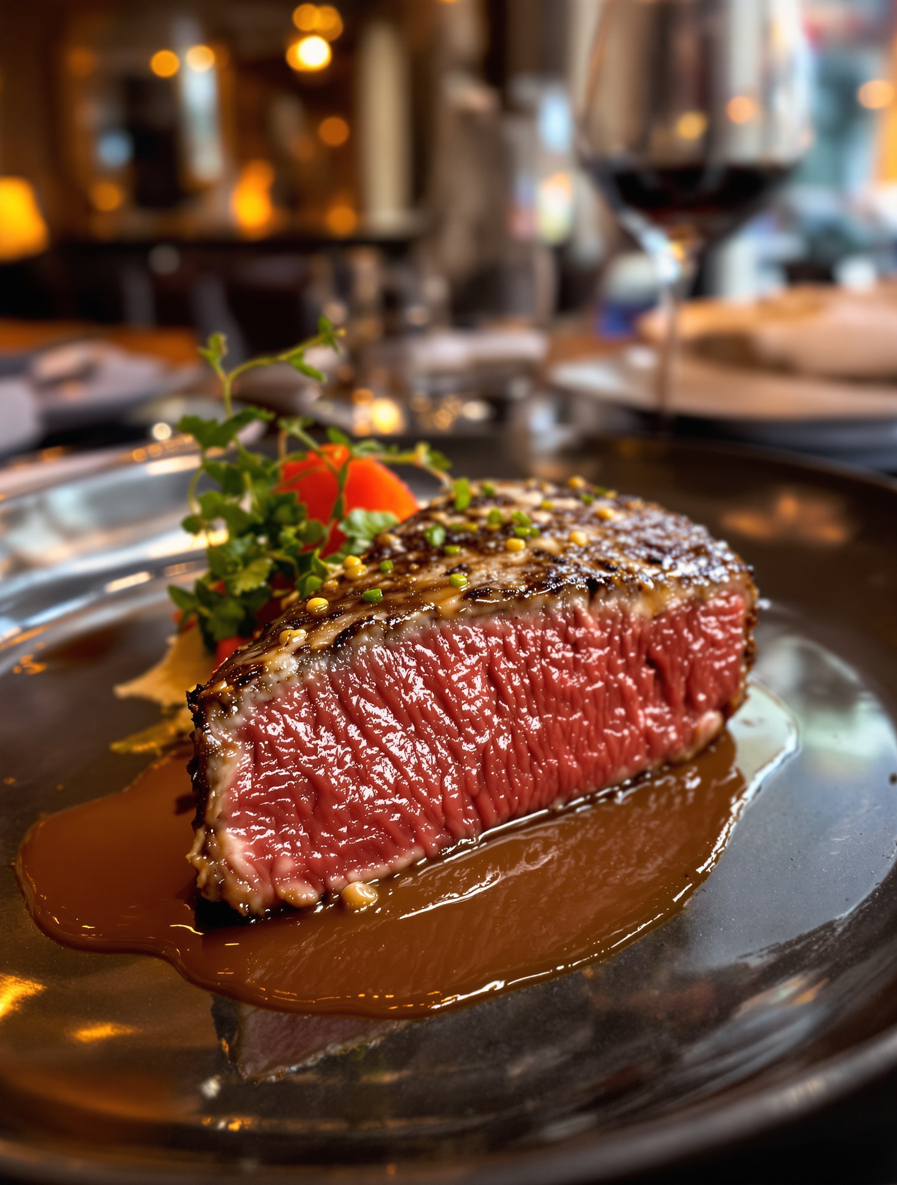 Plat de Wagyu marbré dans un restaurant parisien chic