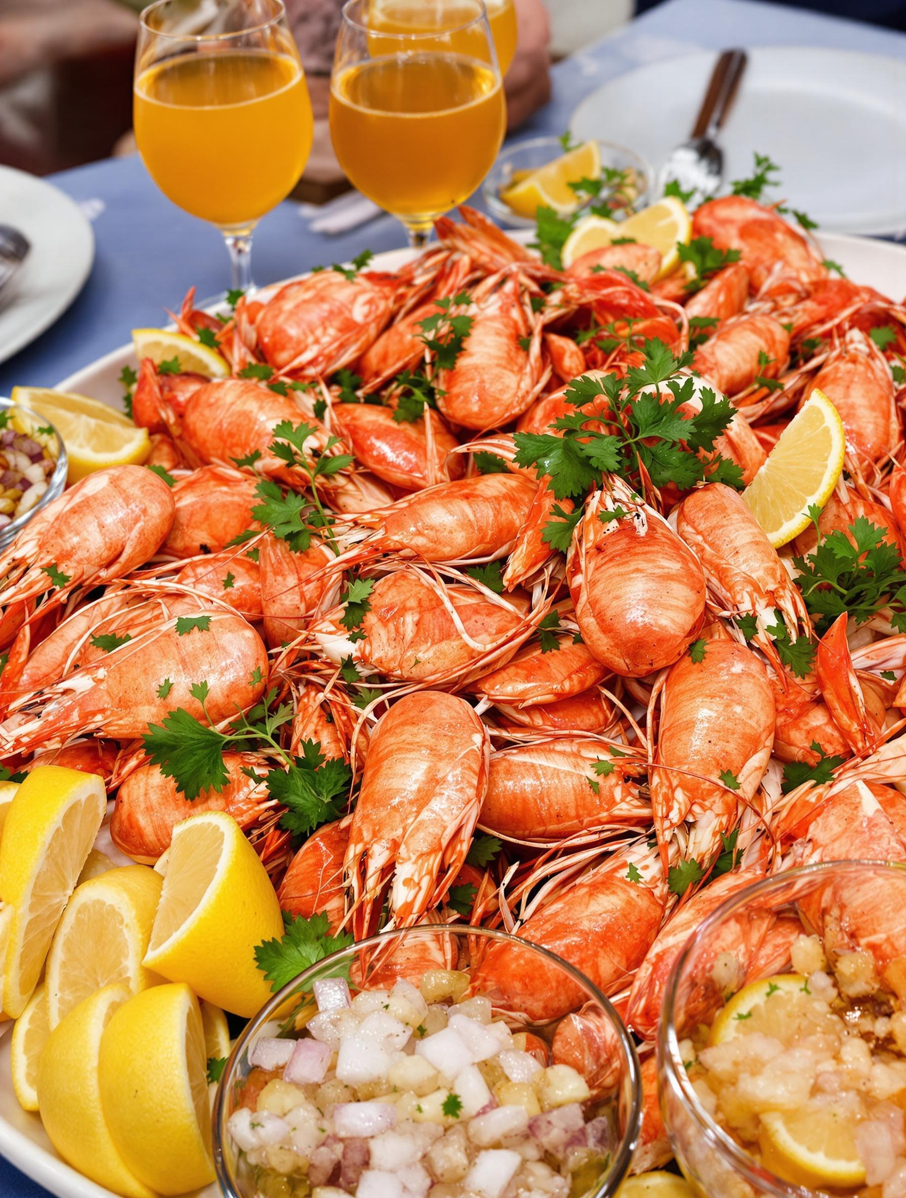 Plateau fruits de mer : langoustines, persil, oignon mariné et pastis.
