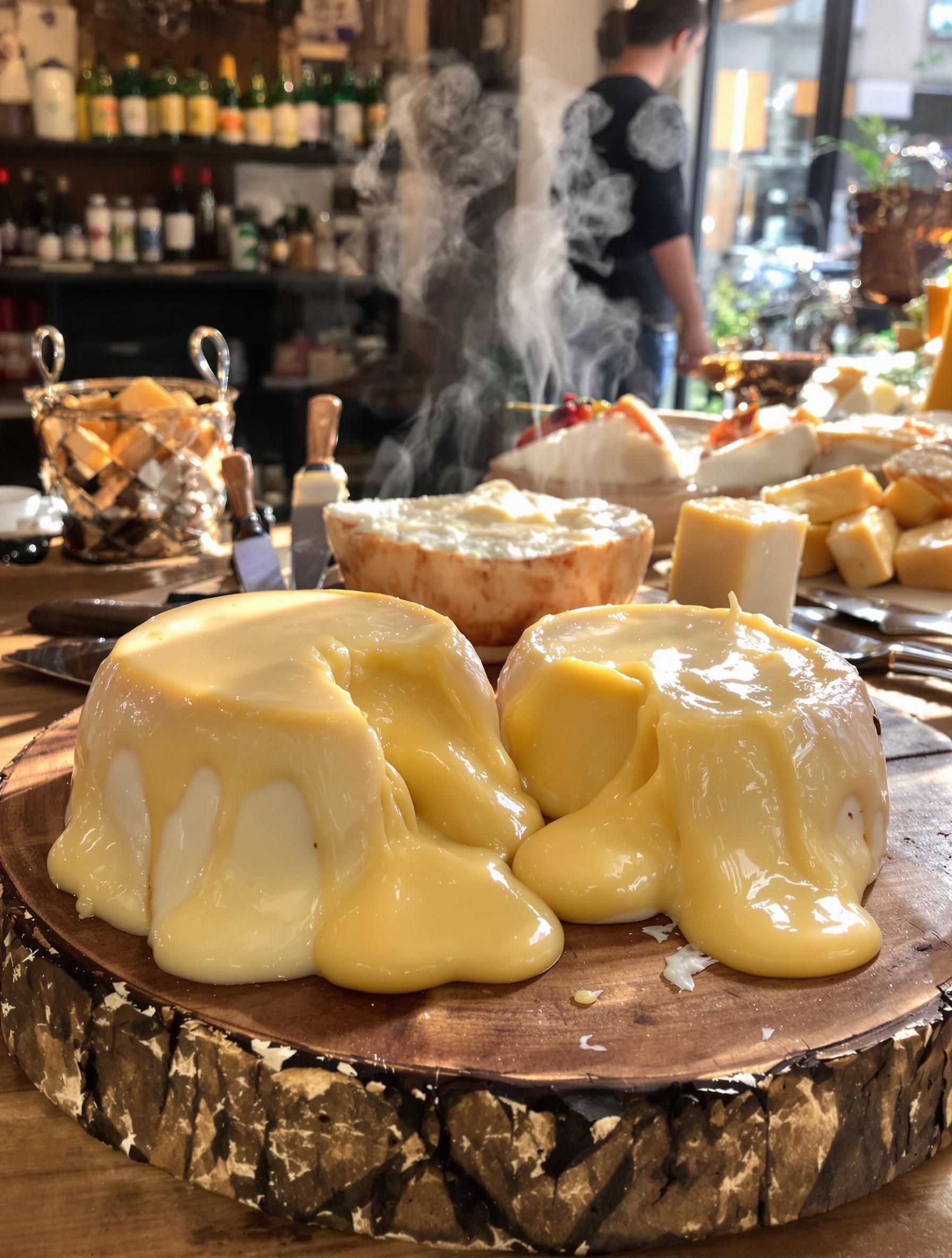 Plateau de taleggio et scamorza fondus sur une planche en bois rustique