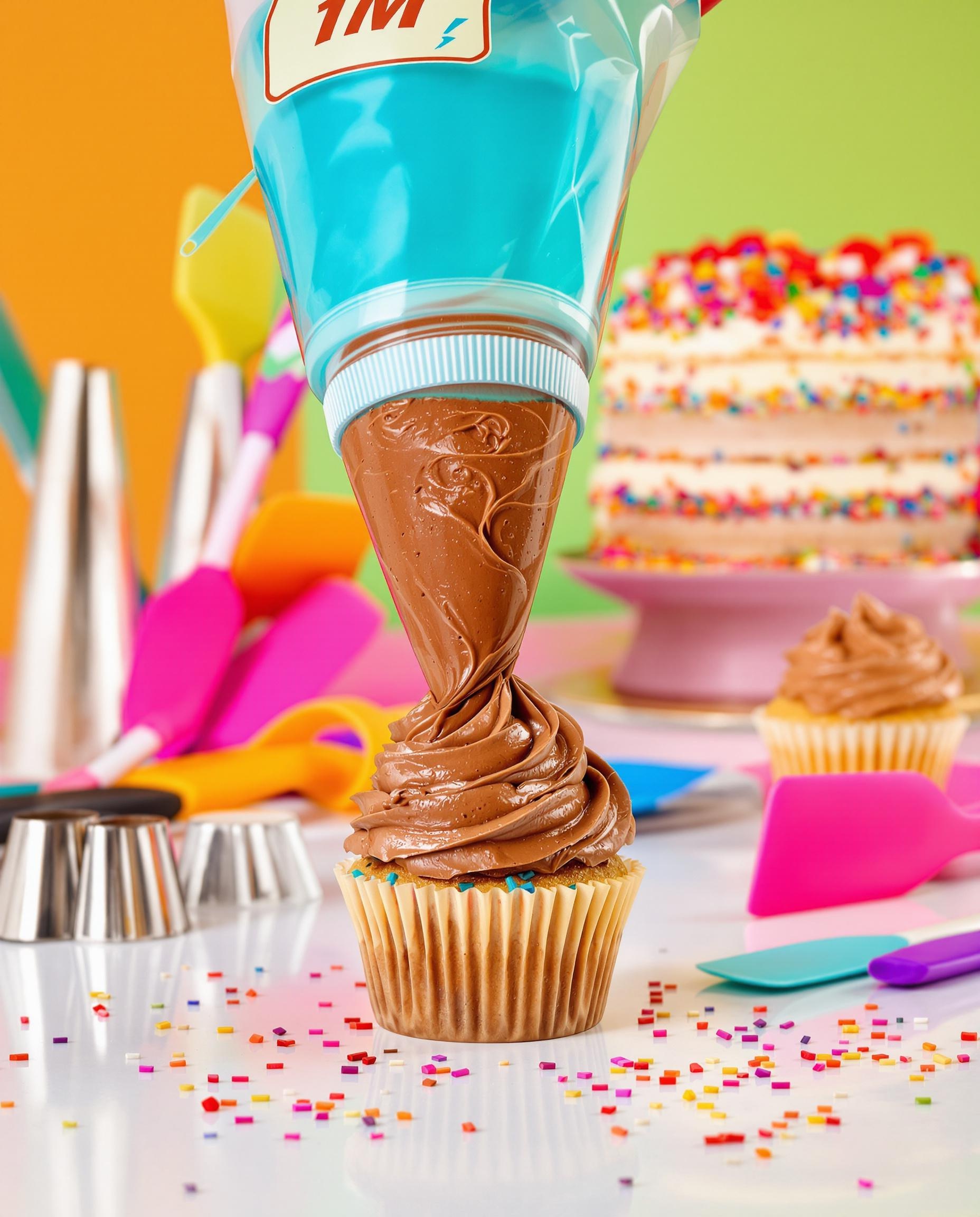 Poche à douille 1M avec crème au beurre chocolat, spatule chaude, cupcake et layer cake flashy