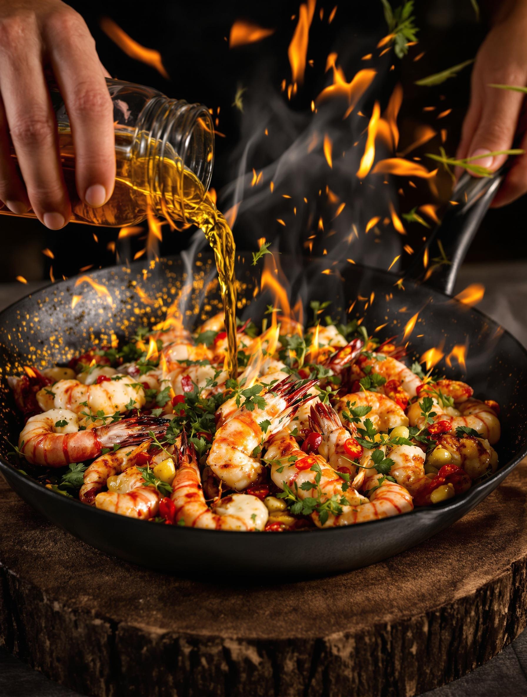 Poêlée minute de langoustines flambées au pastis avec herbes folles.