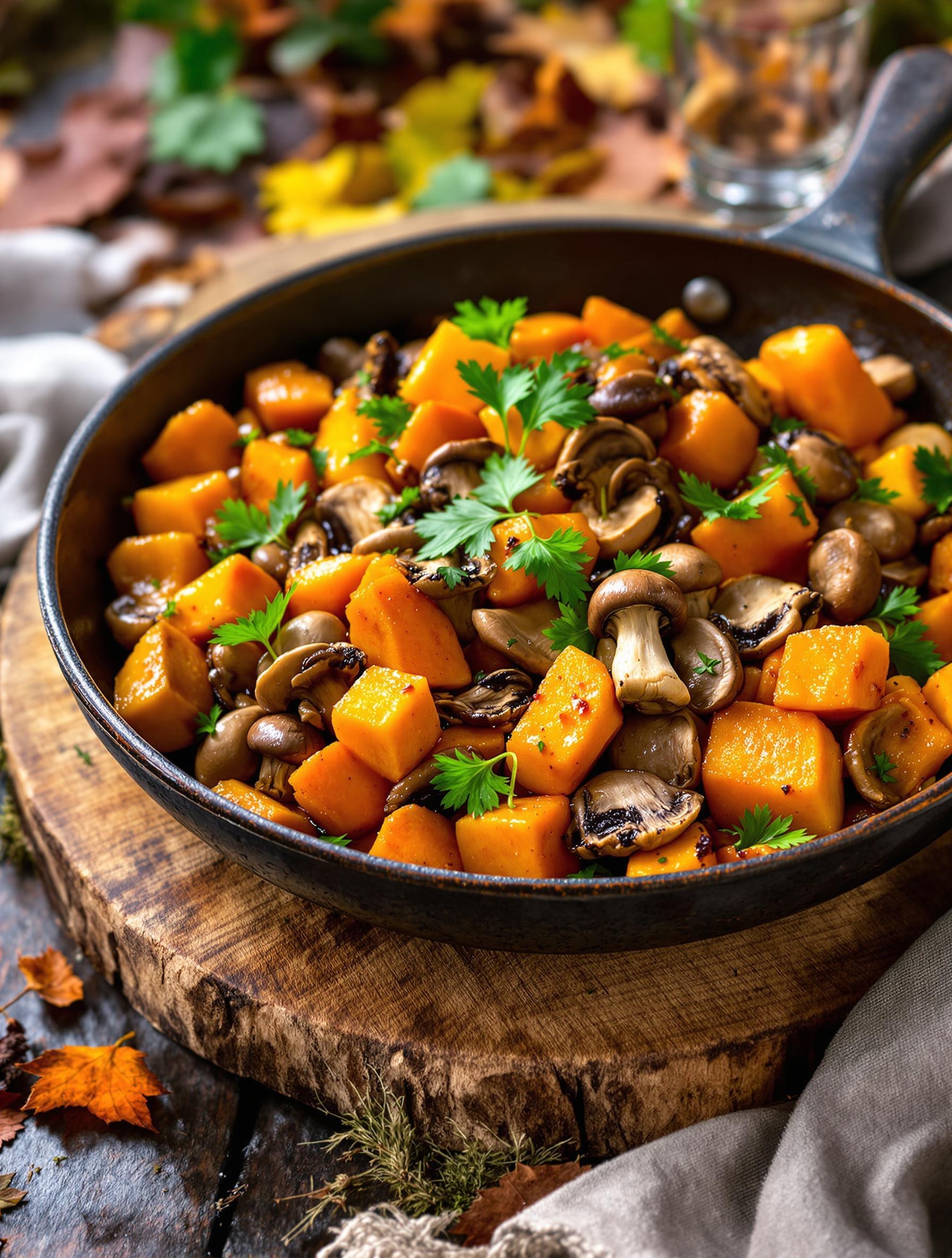poêlée potimarron champignons automne sous-bois rustique chic