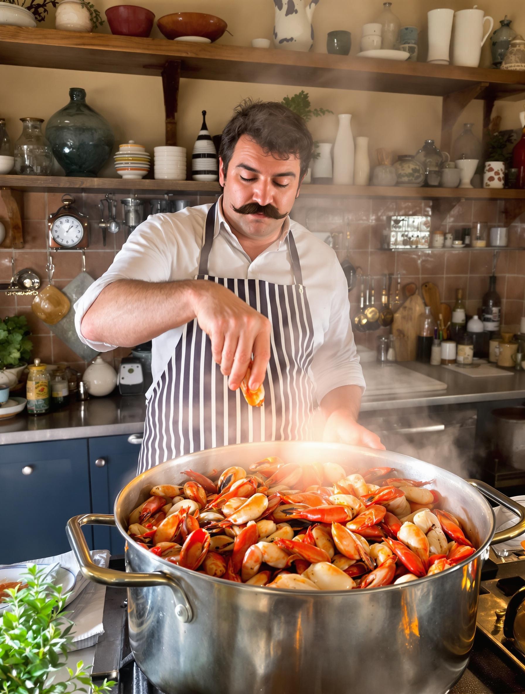 Poissonnier baissant théâtralement la flamme sous des langoustines en cuisine lyonnaise.