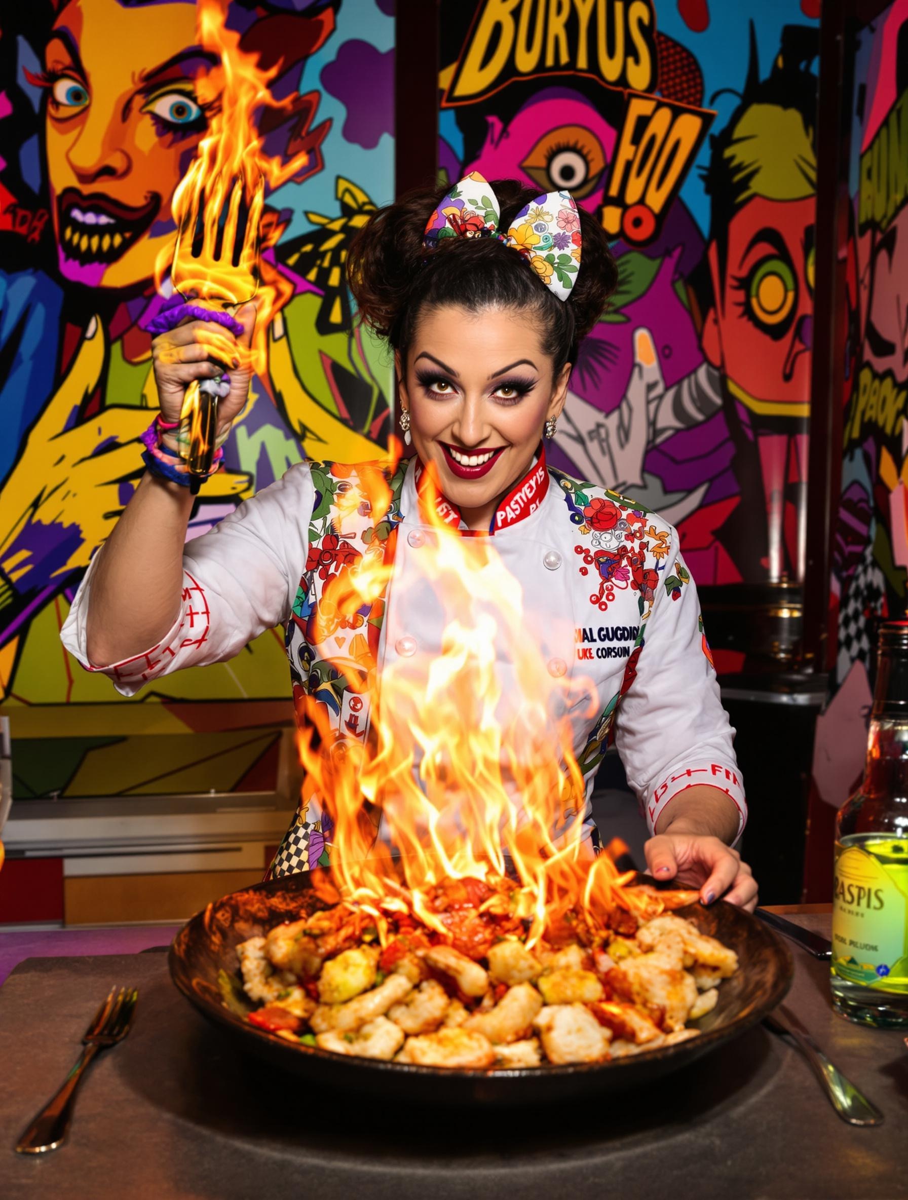Portrait excentrique d’Eurydice Goudron brandissant une fourchette géante devant des langoustines flambées.