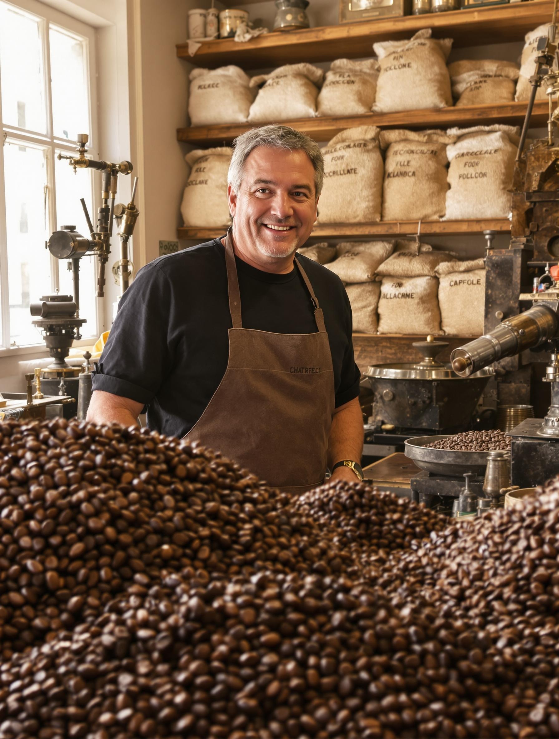 Portrait de Patrice Chapon dans son atelier parisien, entouré de fèves de cacao et d’ustensiles de torréfaction.