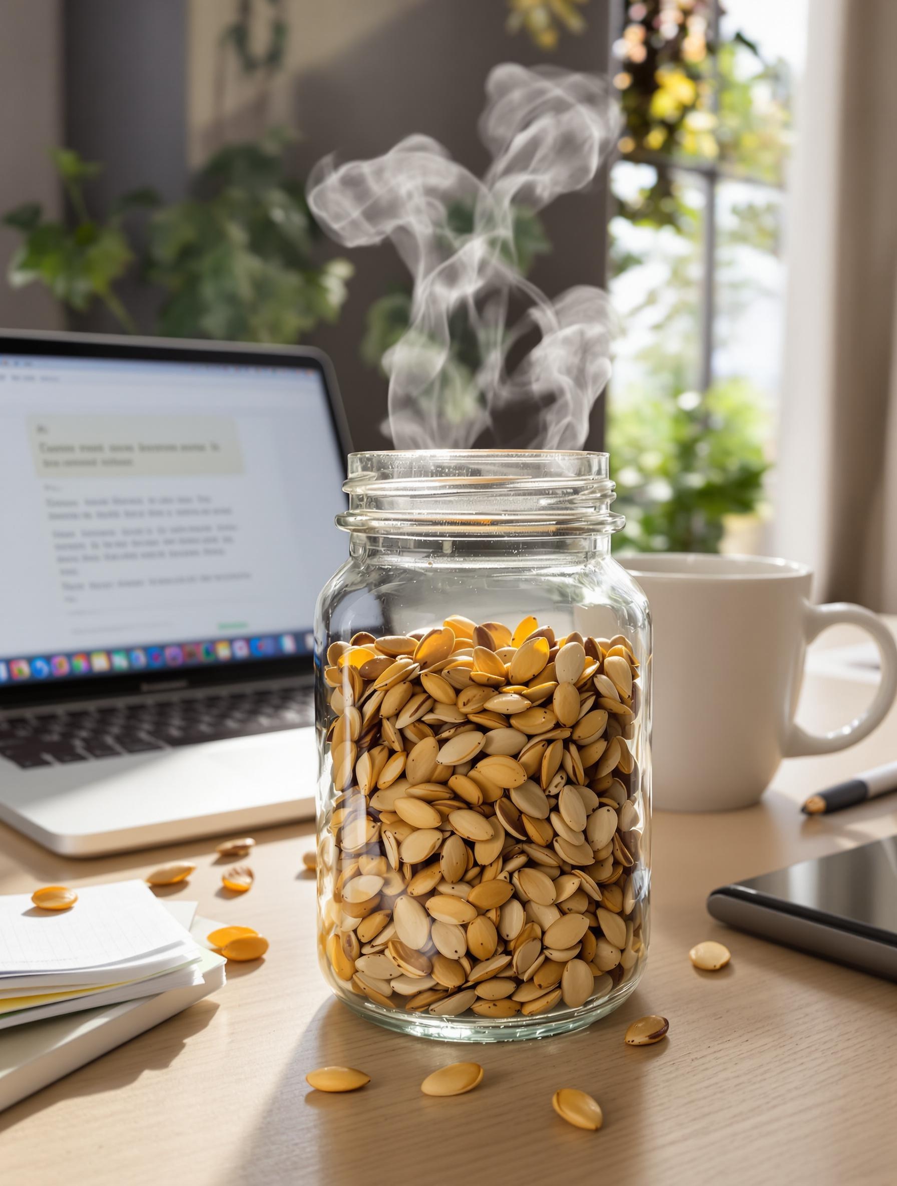 Pot de snack sain avec graines de courge grillées sur un bureau