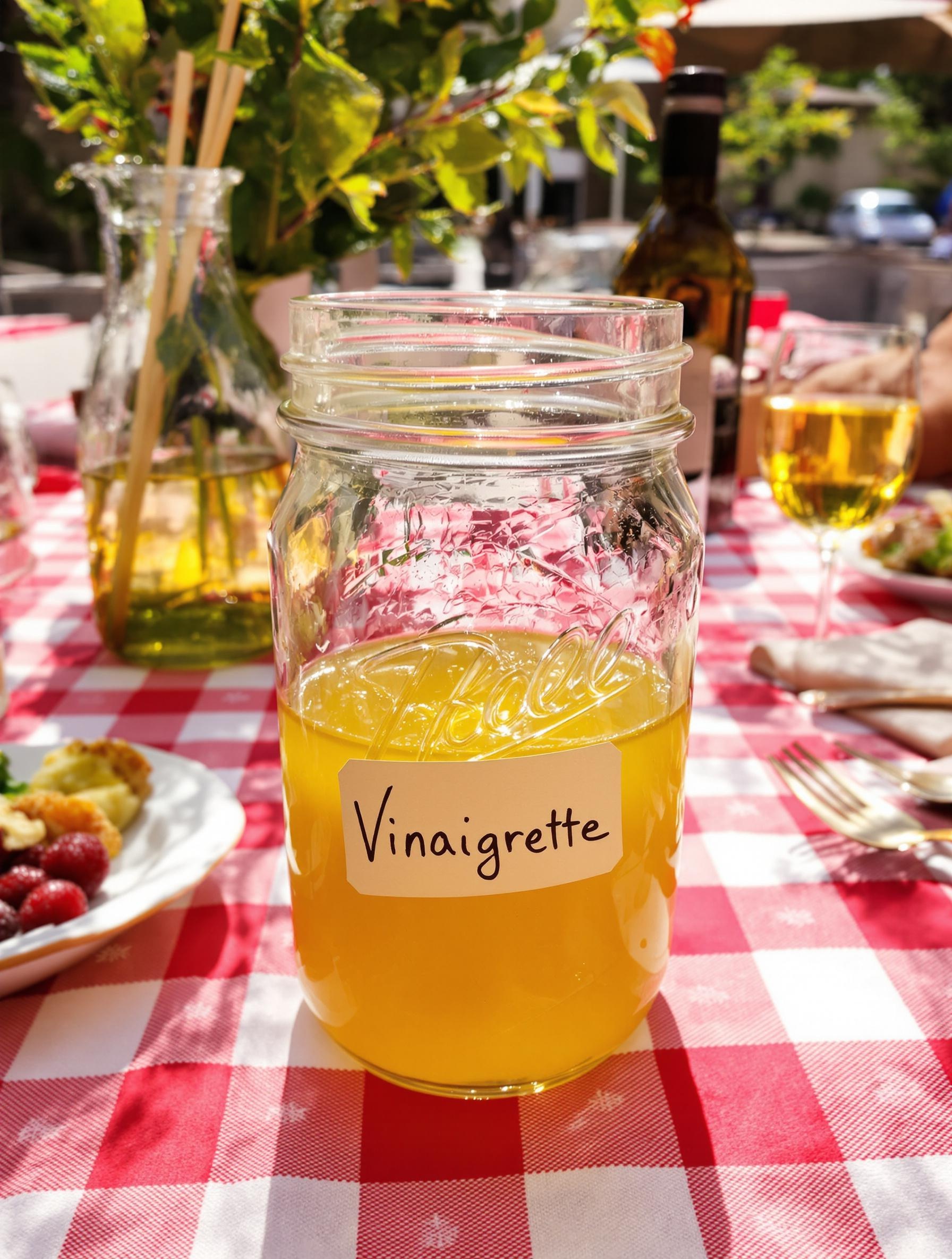 pot Mason vinaigrette dorée nappe bistrot lyonnais