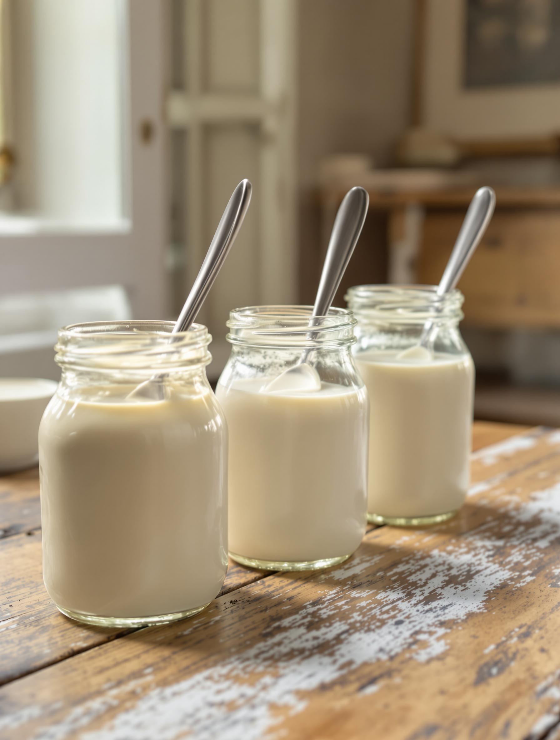 Trois pots de lait (vache, coco, amande) alignés avec une cuillère plongée dans de la purée crémeuse.