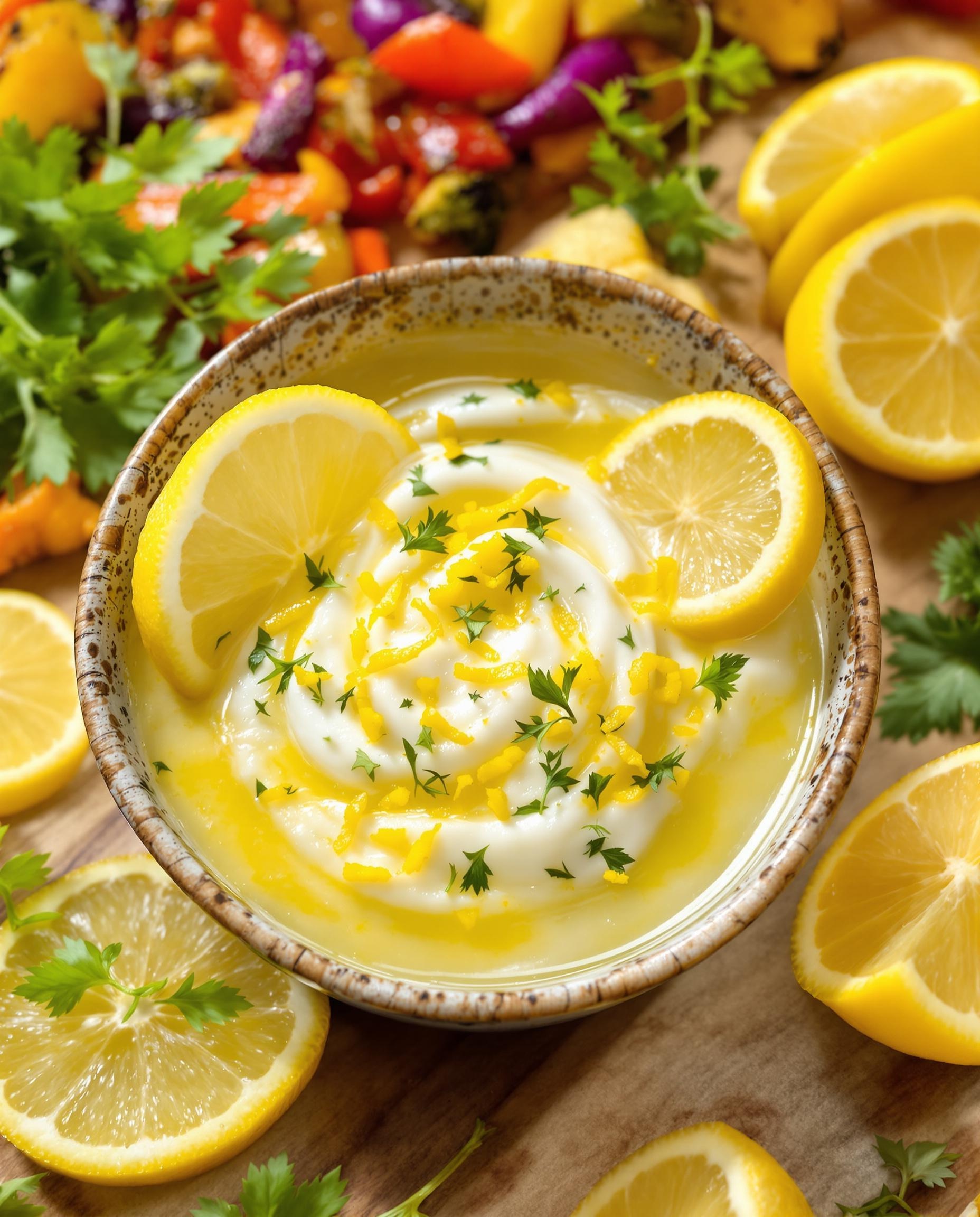 Purée citronnée ultra fraîche dans un bol rustique, avec zestes et quartiers de citron, entourée d’herbes fraîches et légumes rôtis colorés