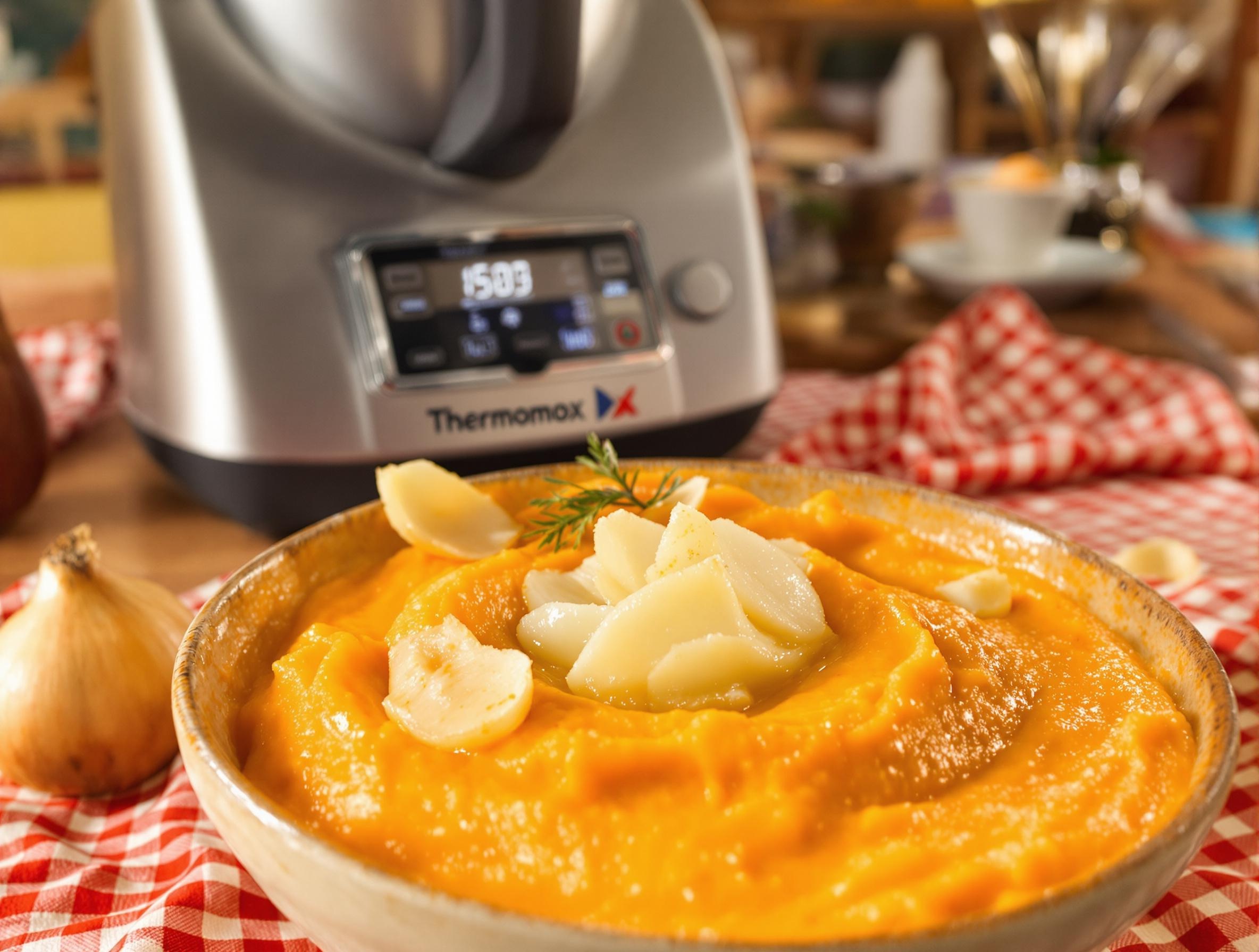 Bol de purée de patate douce onctueuse avec une noisette de graisse de canard fondue, échalote émincée et Thermomix dans une ambiance bistrot lyonnais.