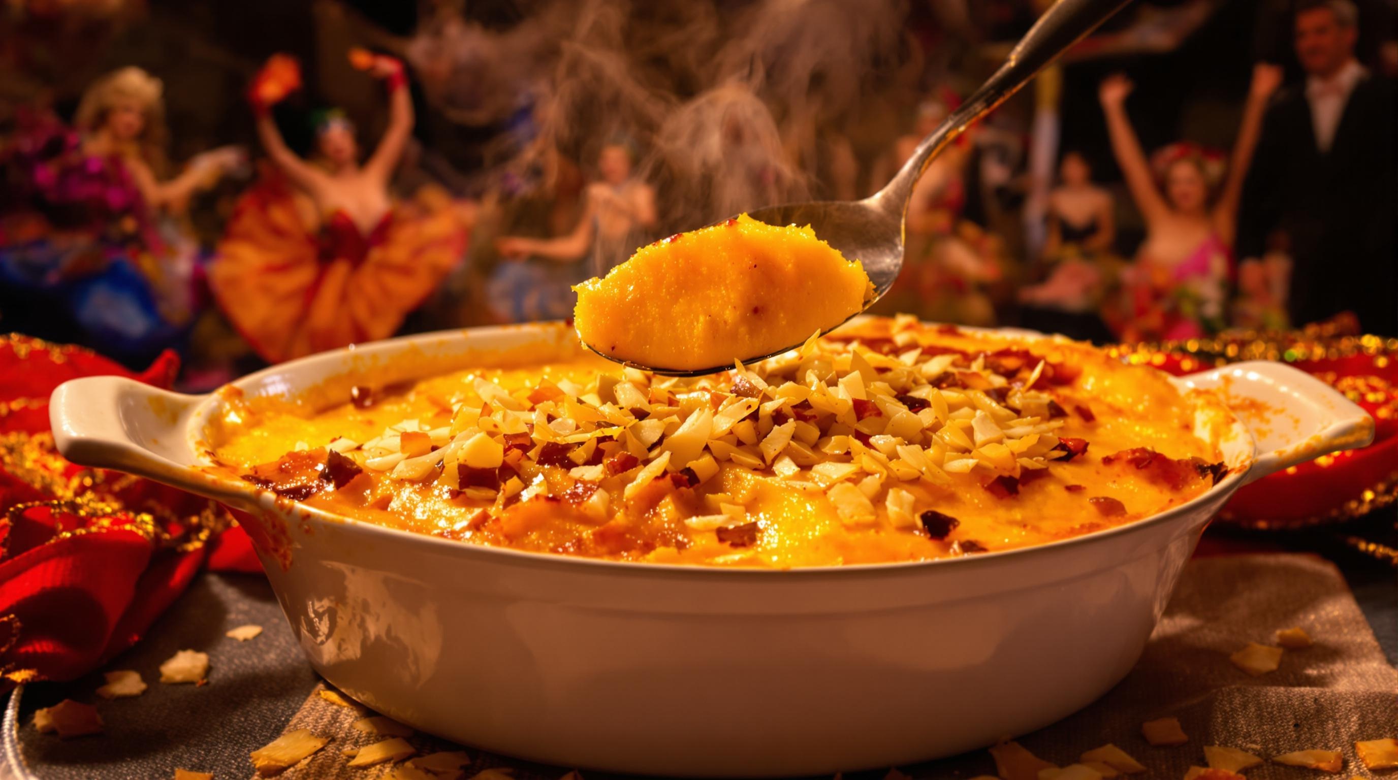 Purée de patate douce gratinée, spatule levée, ambiance festive.