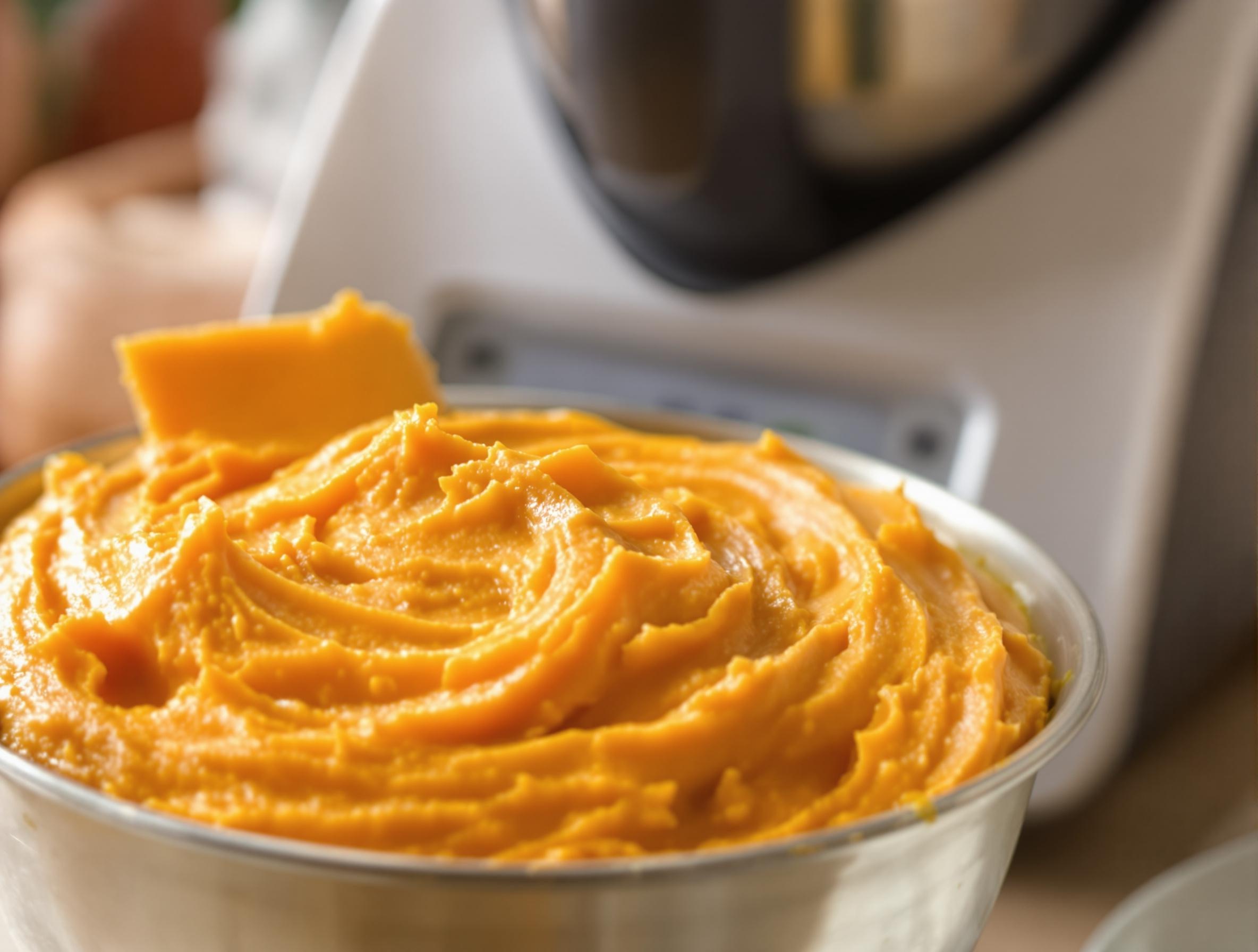 Bol Thermomix rempli de purée de patate douce onctueuse avec spatule