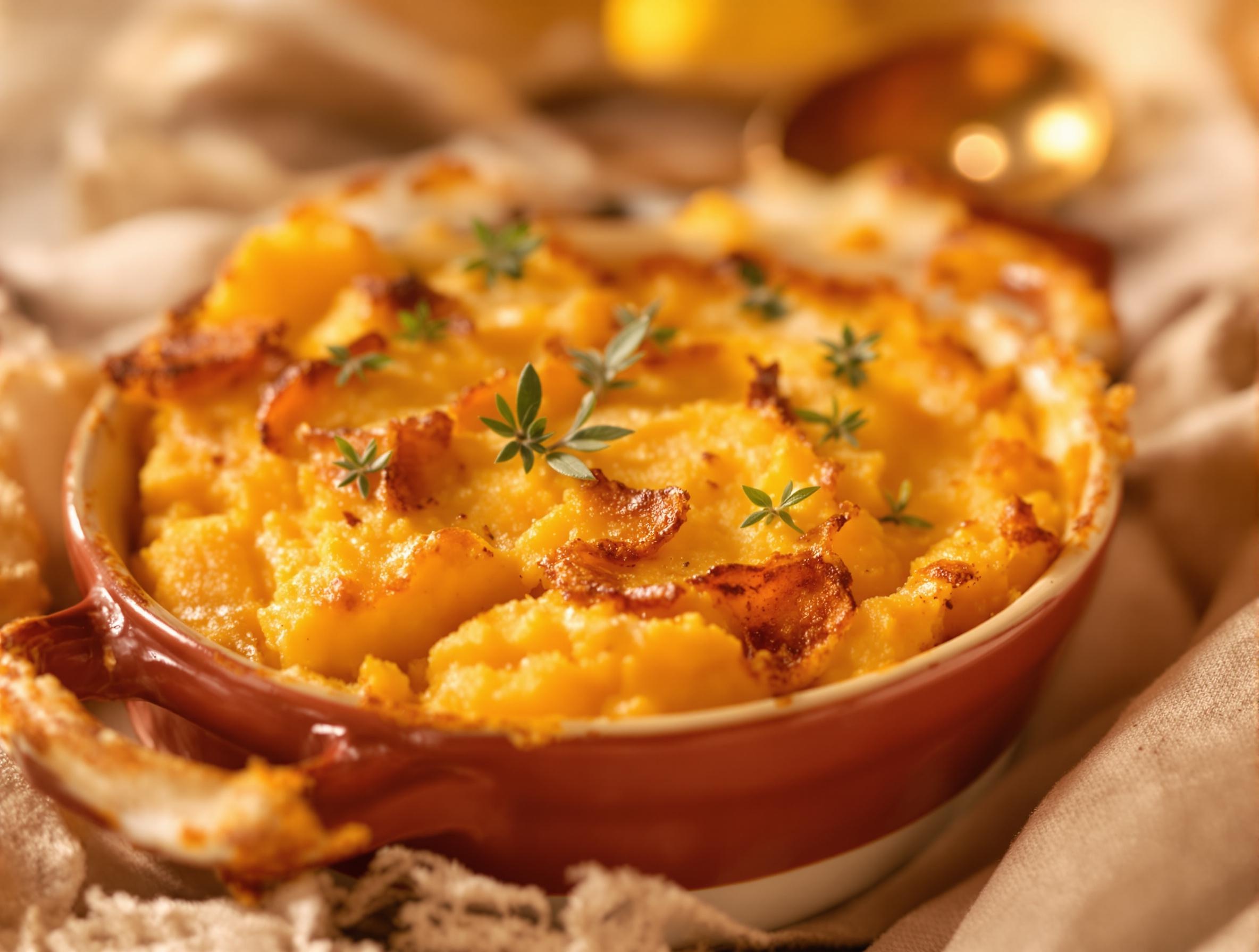 Purée de patates douces gratinée avec thym frais.