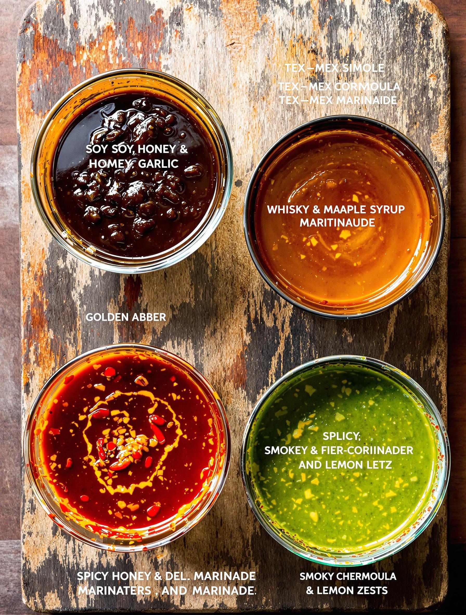 Quatre bols de marinades différentes : soja miel ail, whisky sirop d'érable, tex-mex, chermoula coriandre citron