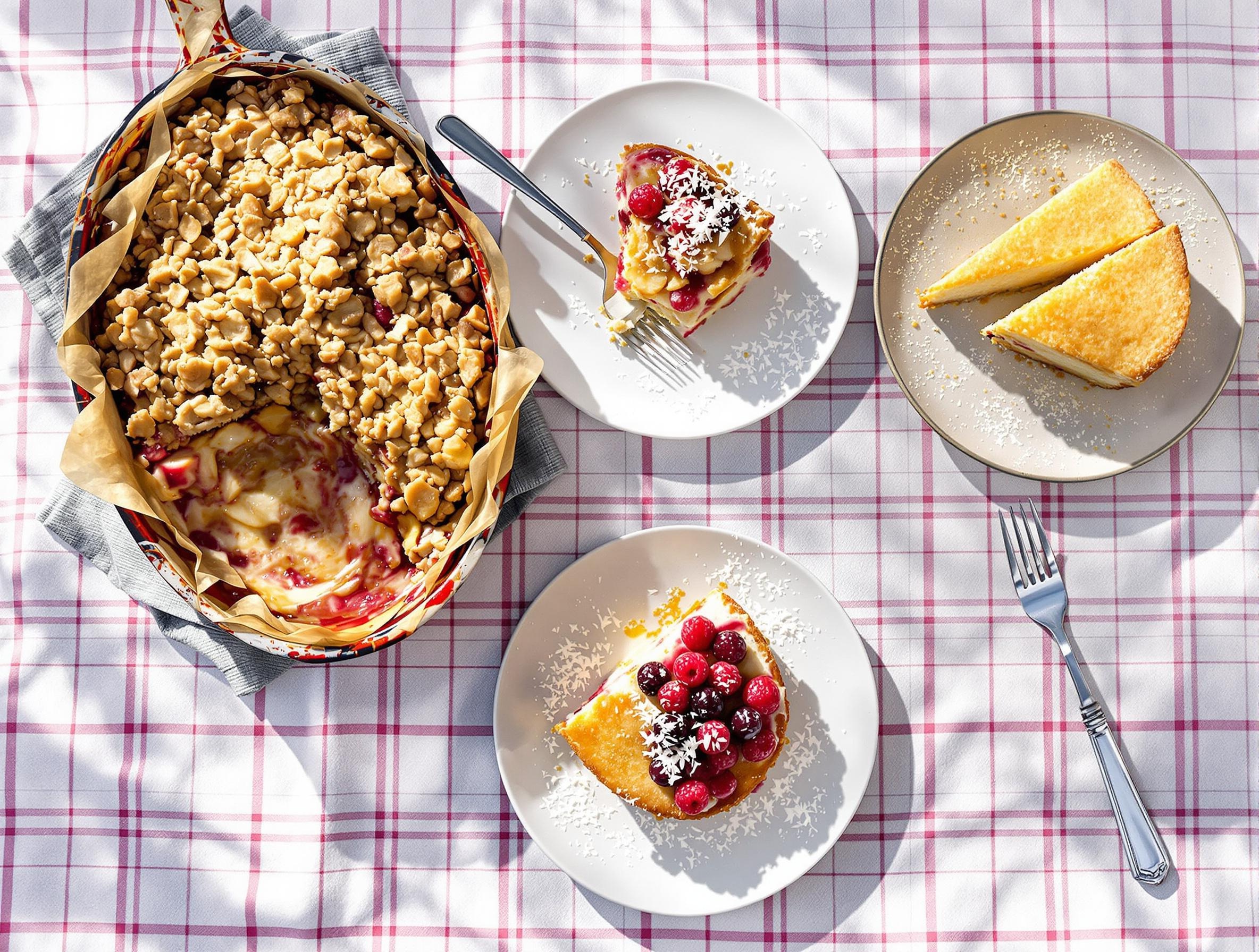 Desserts maison : crumble pommes-rhubarbe, gâteau au yaourt, gâteau sans sucre aux fruits rouges, gâteau noix de coco.