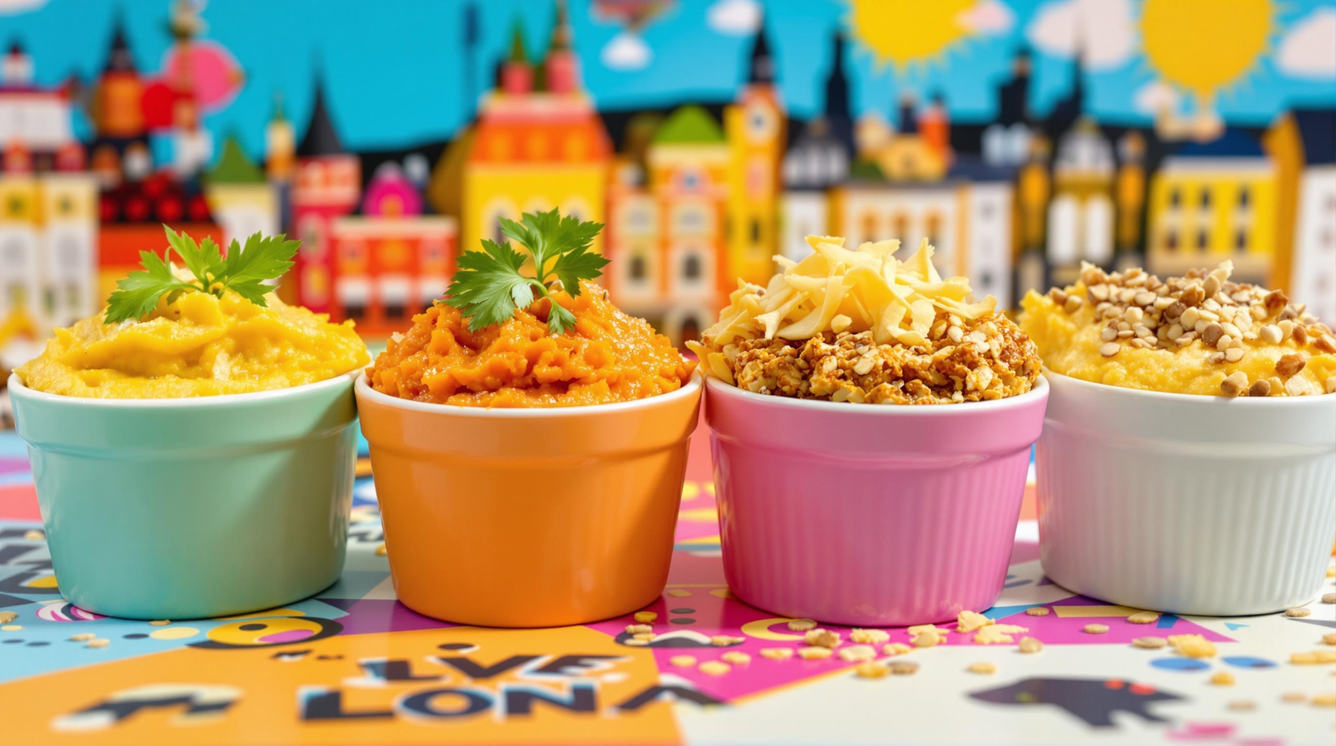 Quatre ramequins colorés : purée de patate douce curry coco, version racines carotte-cumin, gratin Comté doré, et version vegan lait d'amande gomasio.