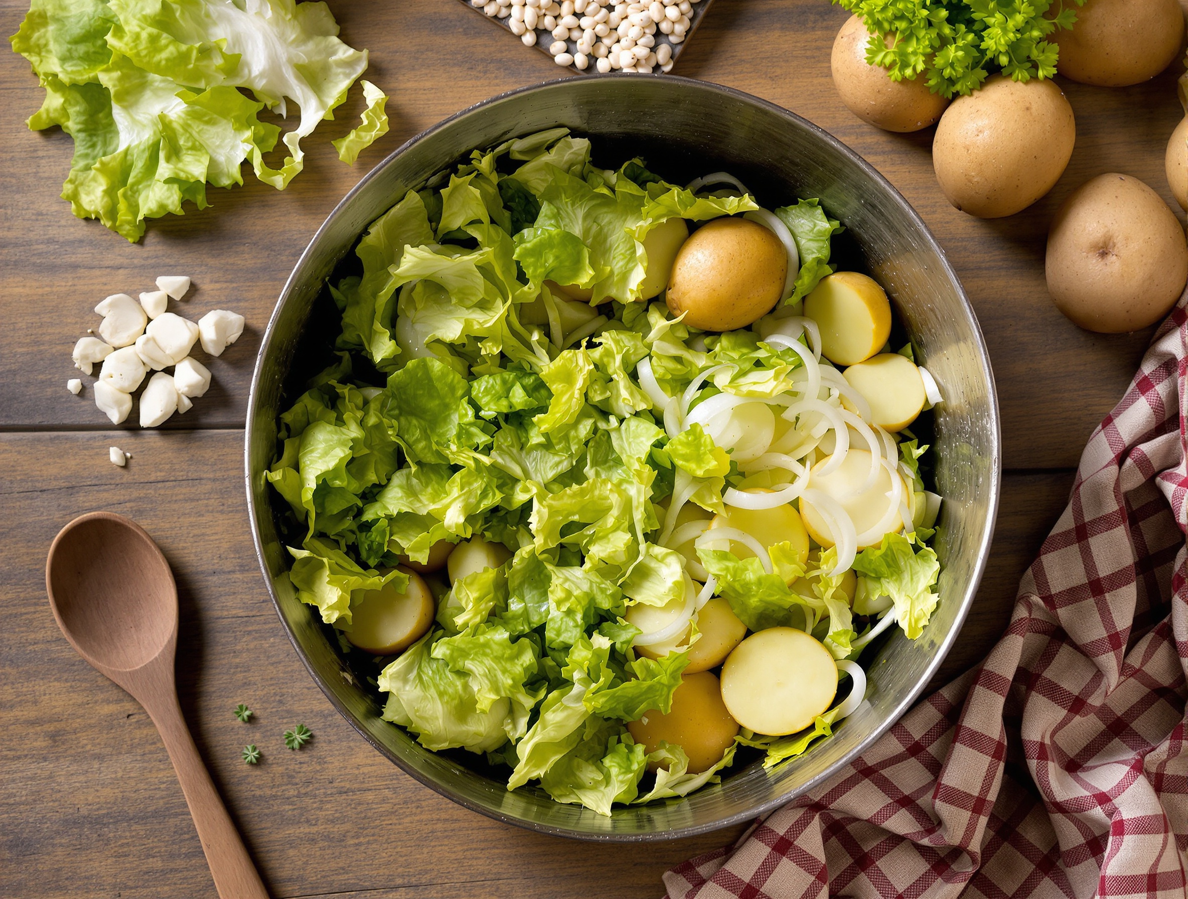Reste de salade verte flétrie recyclé façon soupe rustique grand-mère, ambiance lyonnaise.